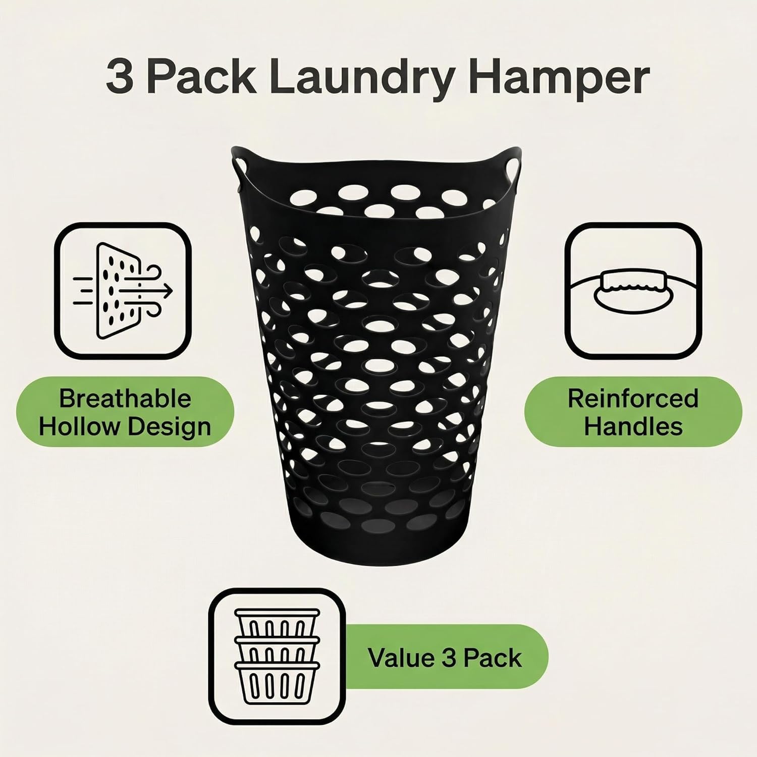 (3-PACK) Portable Round Plastic Laundry Basket, With a Capacity of 2.2 Bushels, Equipped with Handles, Easy to Clean, Suitable for Homes, Dormitories, Bathrooms and Laundry Rooms