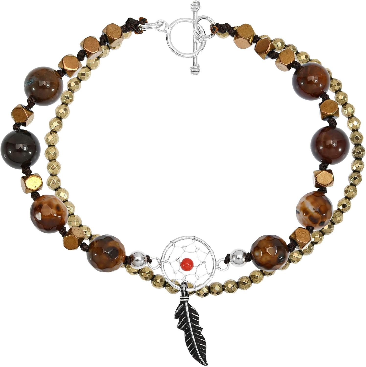 AeraVida Mystical Dreamcatcher Tiger's Eye Stones .925 Sterling Silver Double Strand Bracelet