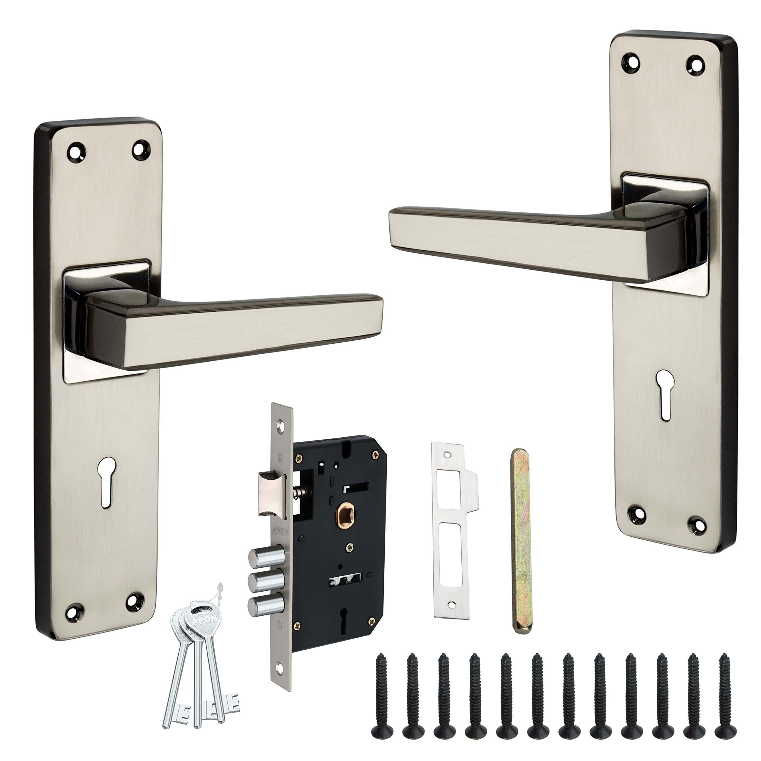 AFON 8 inches Mortise Iron Handle Set with Lock Body | Black Silver Finish | 3 Keys | 6 Lever 70 mm Double Turn Bullet Lock Set for Door, (PC314-KY-BS)