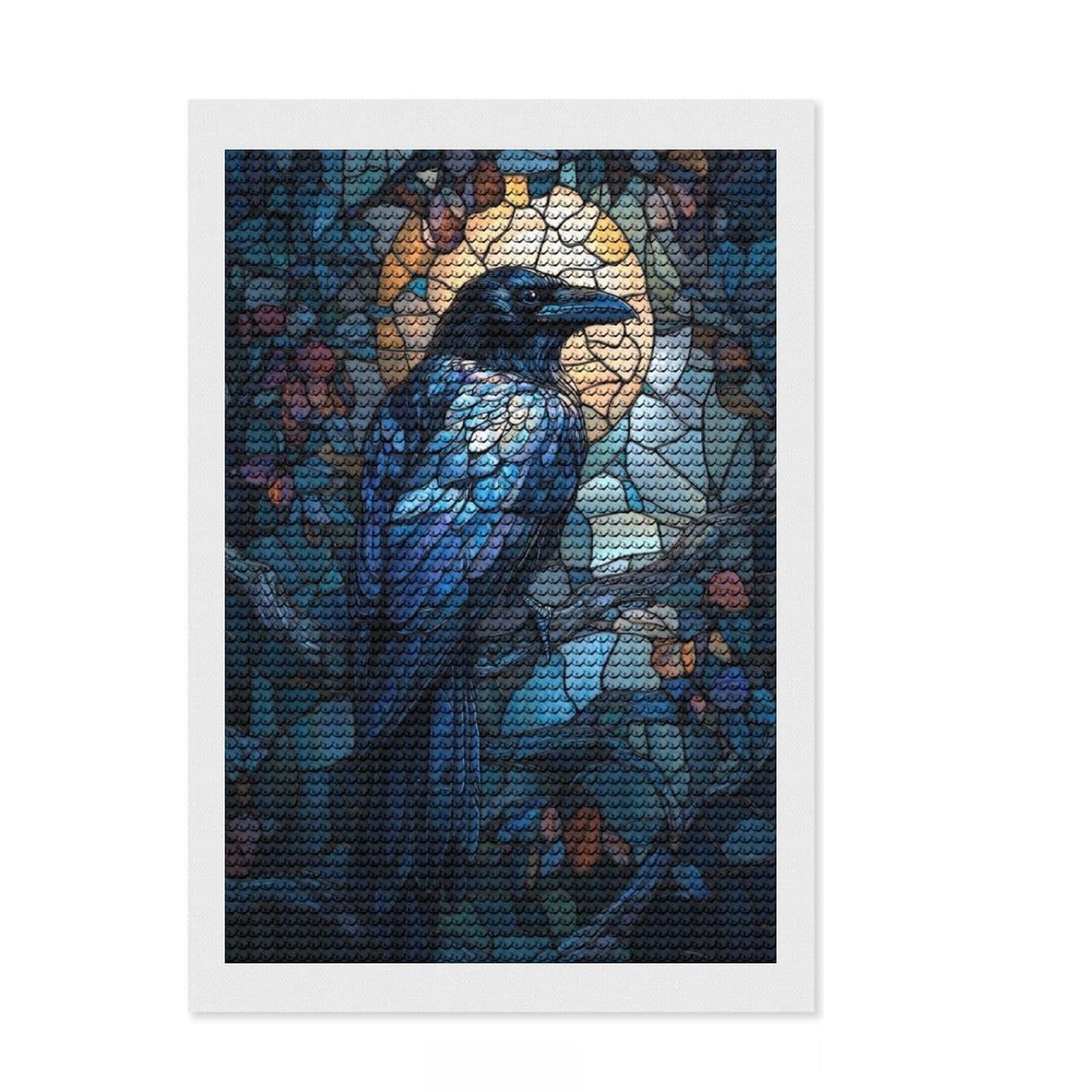 Junmoney Raven Stained Glass DIY Diamond Art Canvas Kit 8"x12", for Adults, Boho Decor, Full Kit Included, Artistic Hobby, Arts and Crafts