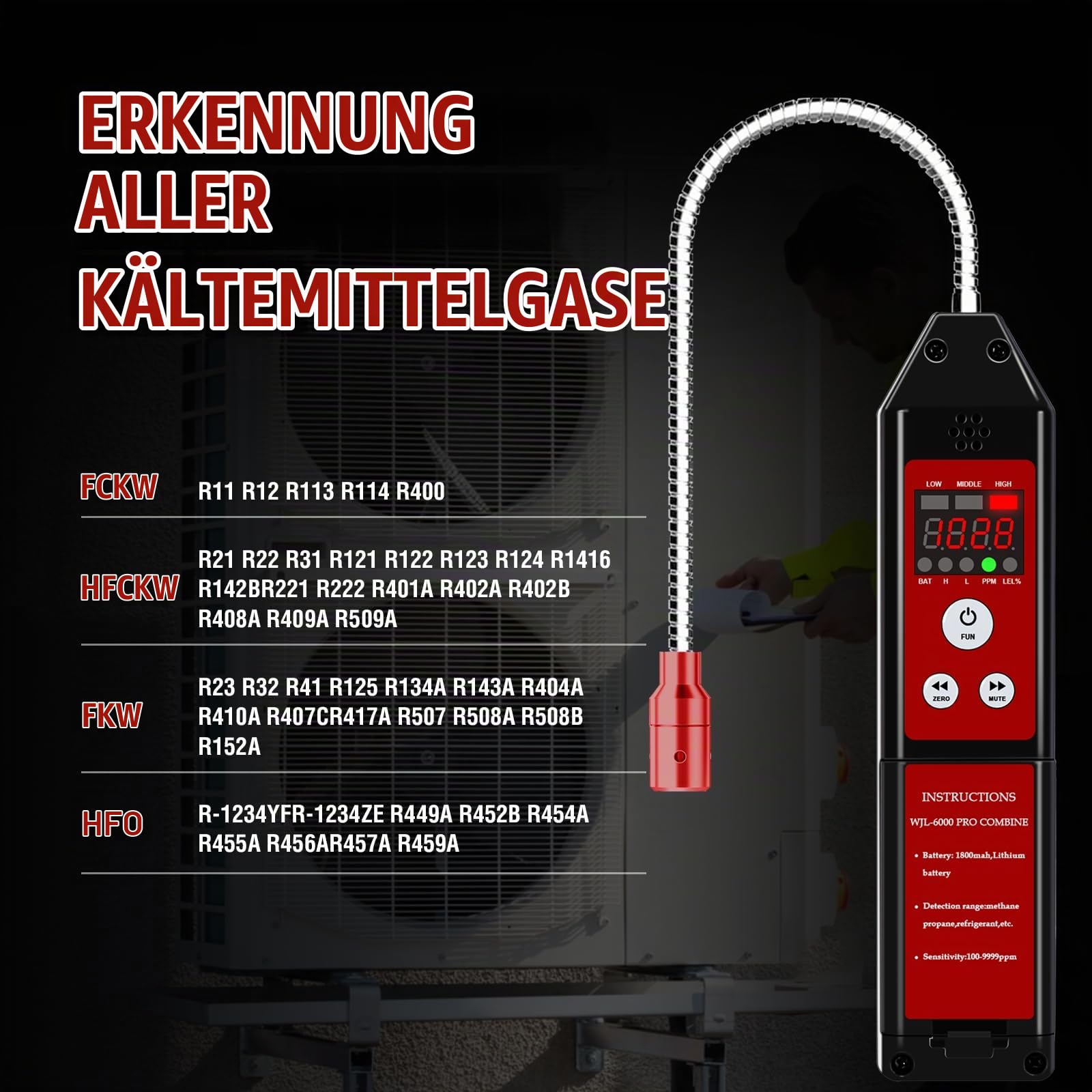 Aprvtio Kältemittel Lecksuchgerät, Refrigerant Gas Leck Detektor, HVAC-Lecksucher, Freon-Sniffer, tragbarer Gastester mit LED-Bildschirmalarm Freon-Lecksucher Hochsensibilität R134a R22a R32 R454B (1)