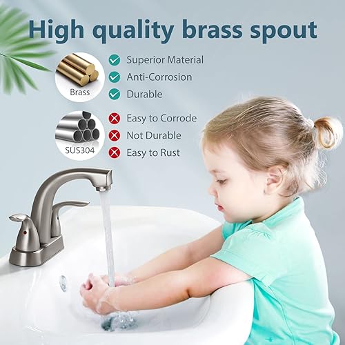 Miniatura 3 de Aolemi Grifo de baño de níquel cepillado de 4 pulgadas, grifo de fregadero de latón giratorio de 2 manijas para baño, con drenaje desplegable,