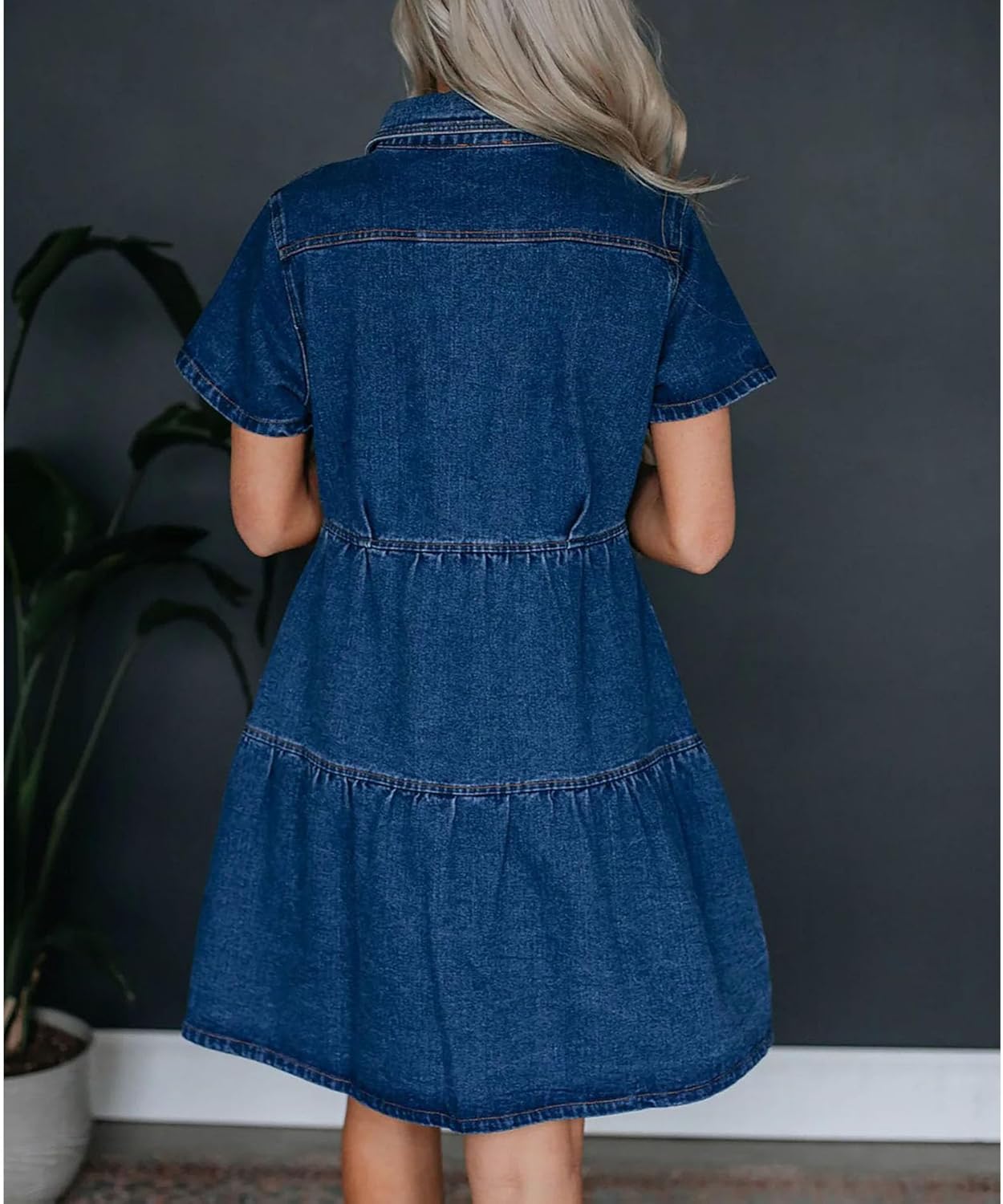 Sexyshine Women's Button Down Denim Babydoll Dress Lapel Collar Short Sleeve Flowy Tiered Ruffle Jeans Midi Dress - Image 5