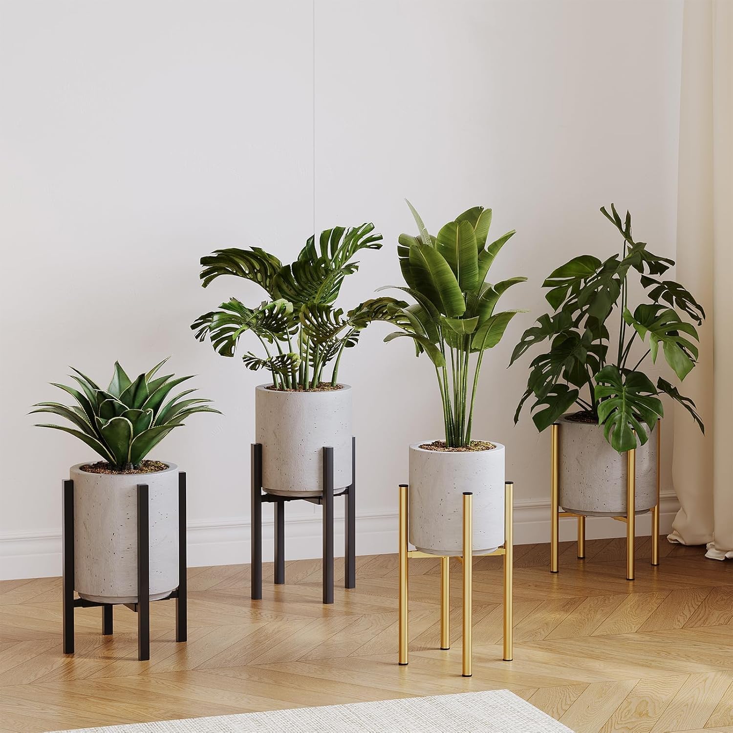 adjustable metal plant stand indoor, mid century modern outdoor planter holder for 8 to 14 inch pots, heavy duty 160 lb load, corner floor stand for home garden decor golden 2 pack