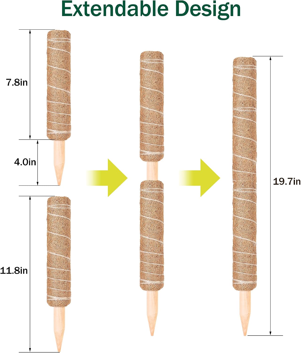 Moss Pole, 2 x 12'' Coir Poles Extending to 19.7'', Totem Sticks, Plant Post Stake, Plant Support Poles with 20Pcs Adjustable Ties and 17ft String, for Indoor Potted Plants, Monstera, Pothos, Creepers