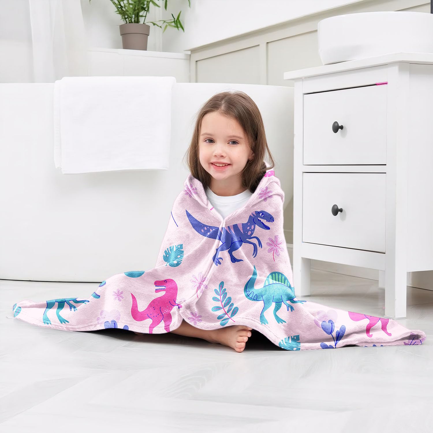 Girls Dinosaur Hooded Beach Towel - 35x60 Inch Quick Dry Kids Bath Towel Wrap With Snap Buttons - View #3
