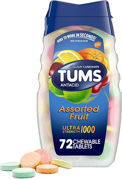 TUMS Ultra Strength Antacid Tablets for Chewable Heartburn Relief and Acid Indigestion Relief, Assorted Fruit - 72 Count