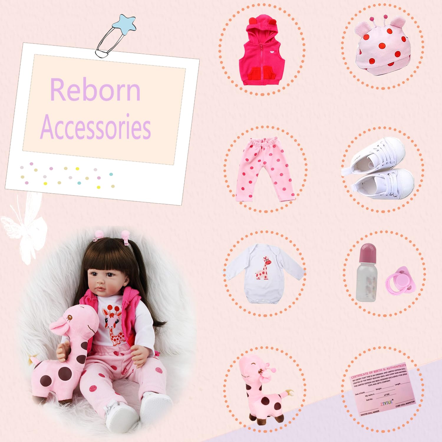 ZIYIUI 24 Zoll 60 cm Reborn Puppen Mädchen Kleinkind Vinyl Silikon Realistisch Lebensechte Reborn Babys Mädchen Neugeborenes Handgemacht Baby Spielzeug Geschenk Geeignet für 3 Jahre +