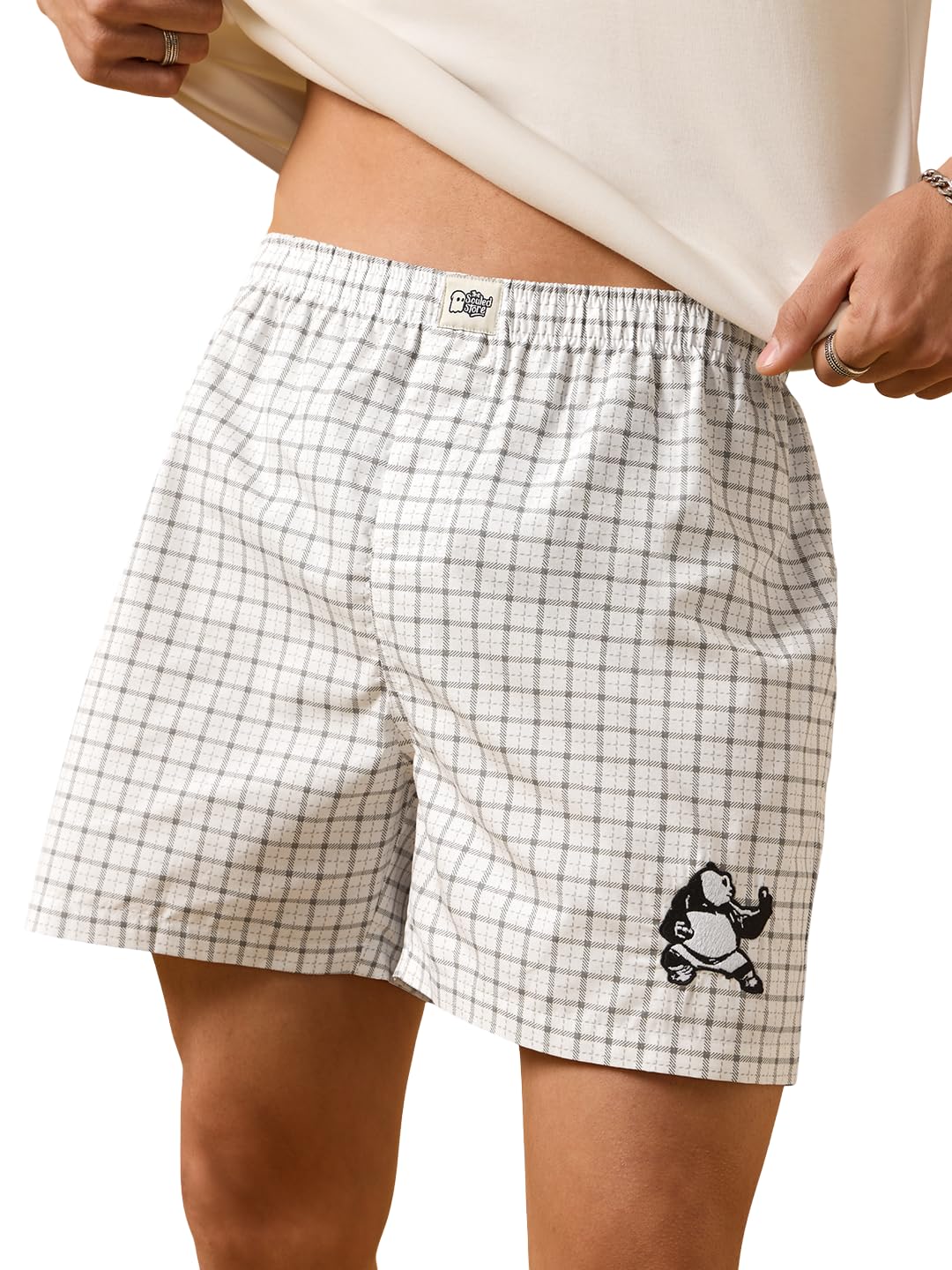 the souled store Kung Fu Panda: Ping Xiao Po Men and Boys Elastic Waistband White and Grey Checkered Embroidered Cotton Regular Fit Lightweight All-Season Boxer Shorts-picture-20