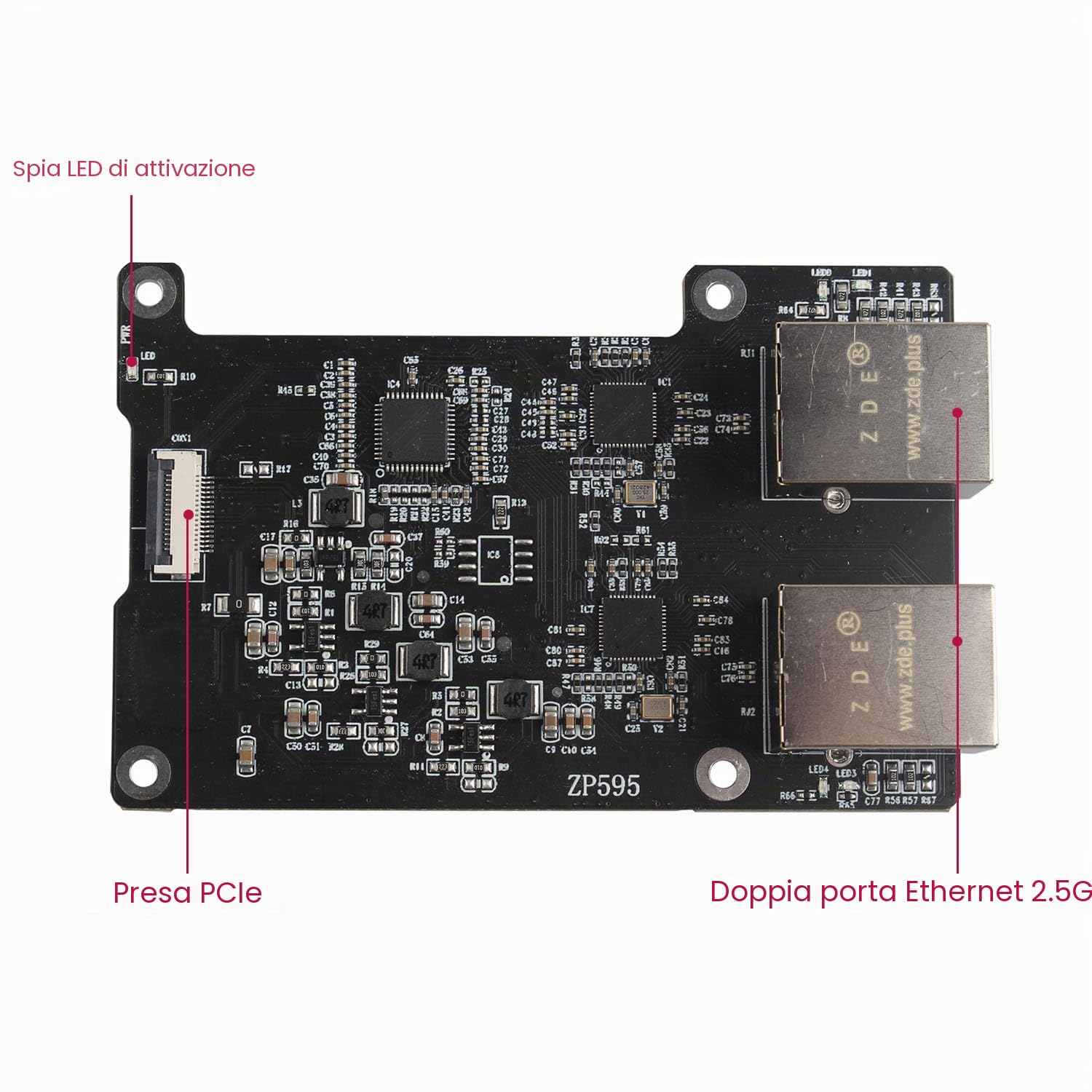 ZDE ZP595 PCIe to Dual 2.5G Ethernet Network Port HAT Adapter Expansion Board 2.5GB 2.5GBE for Raspberry Pi 5