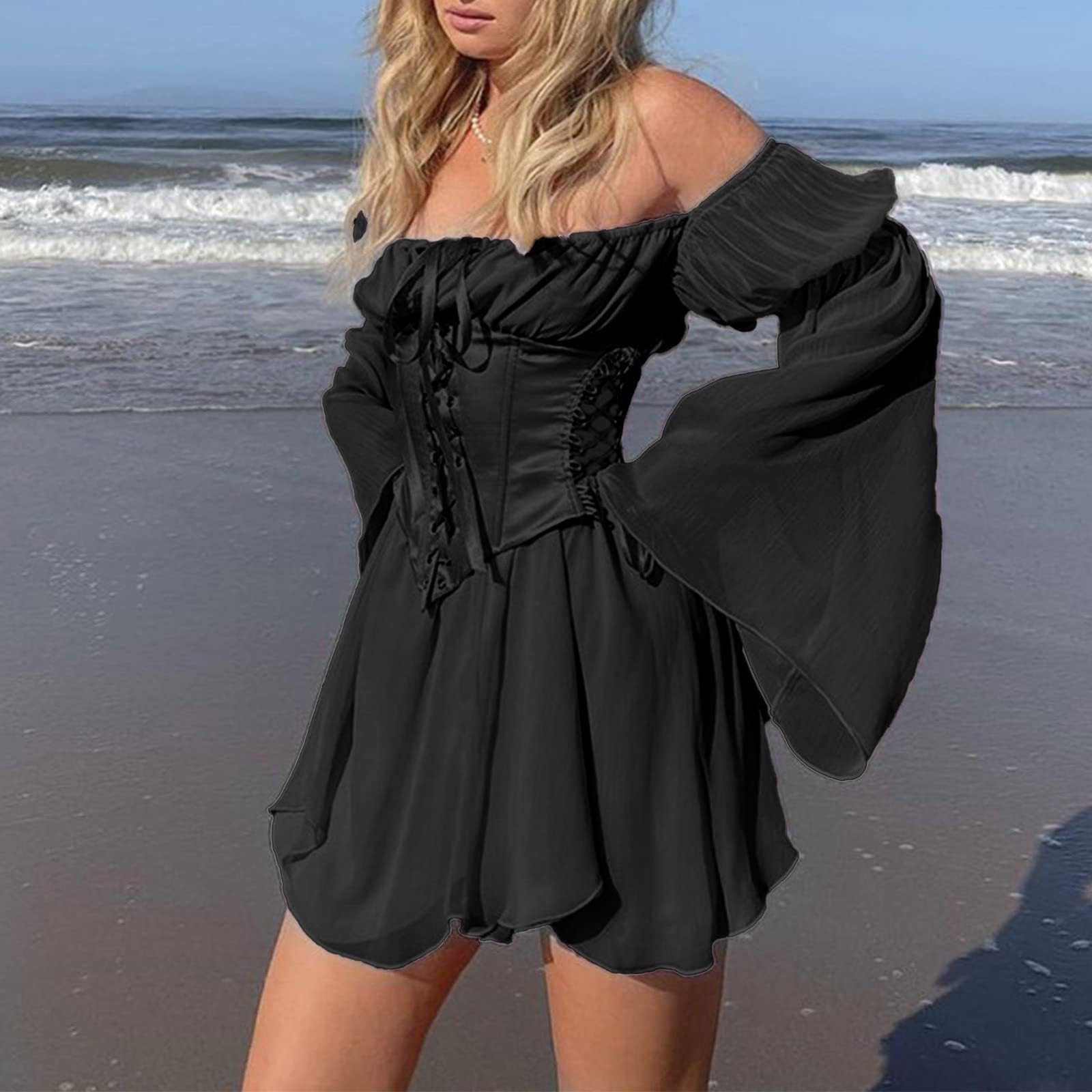 Didadihu Piratin Kostüm Piratenkostüm Damen Sexy Weißes Piratenkleid Piraten Feen Kleid Rüschenkleid Mit Langen Puffärmeln, Faschingskostüme Fasching Kostüm Frauen Damen