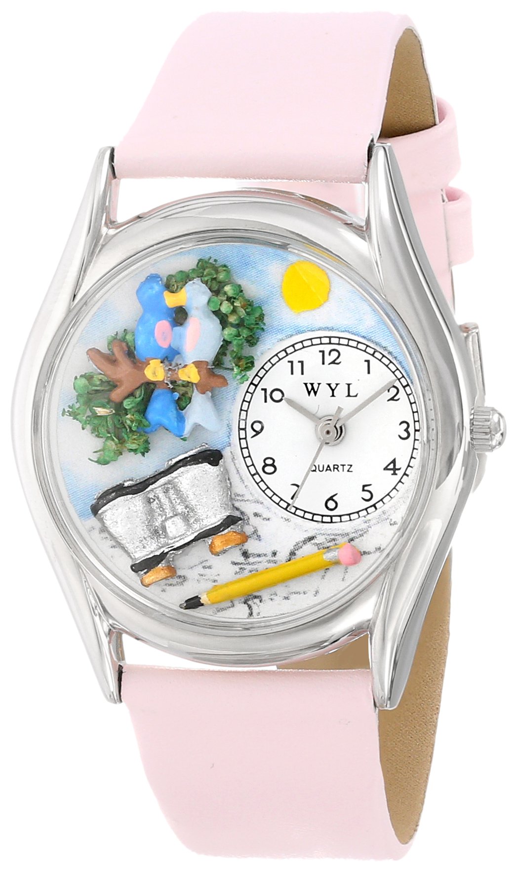 Whimsical Watches Bird Watching Yellow Leather and Silvertone Unisex Quartz Watch with White Dial Analogue Display and Multicolour Leather Strap S-0150012