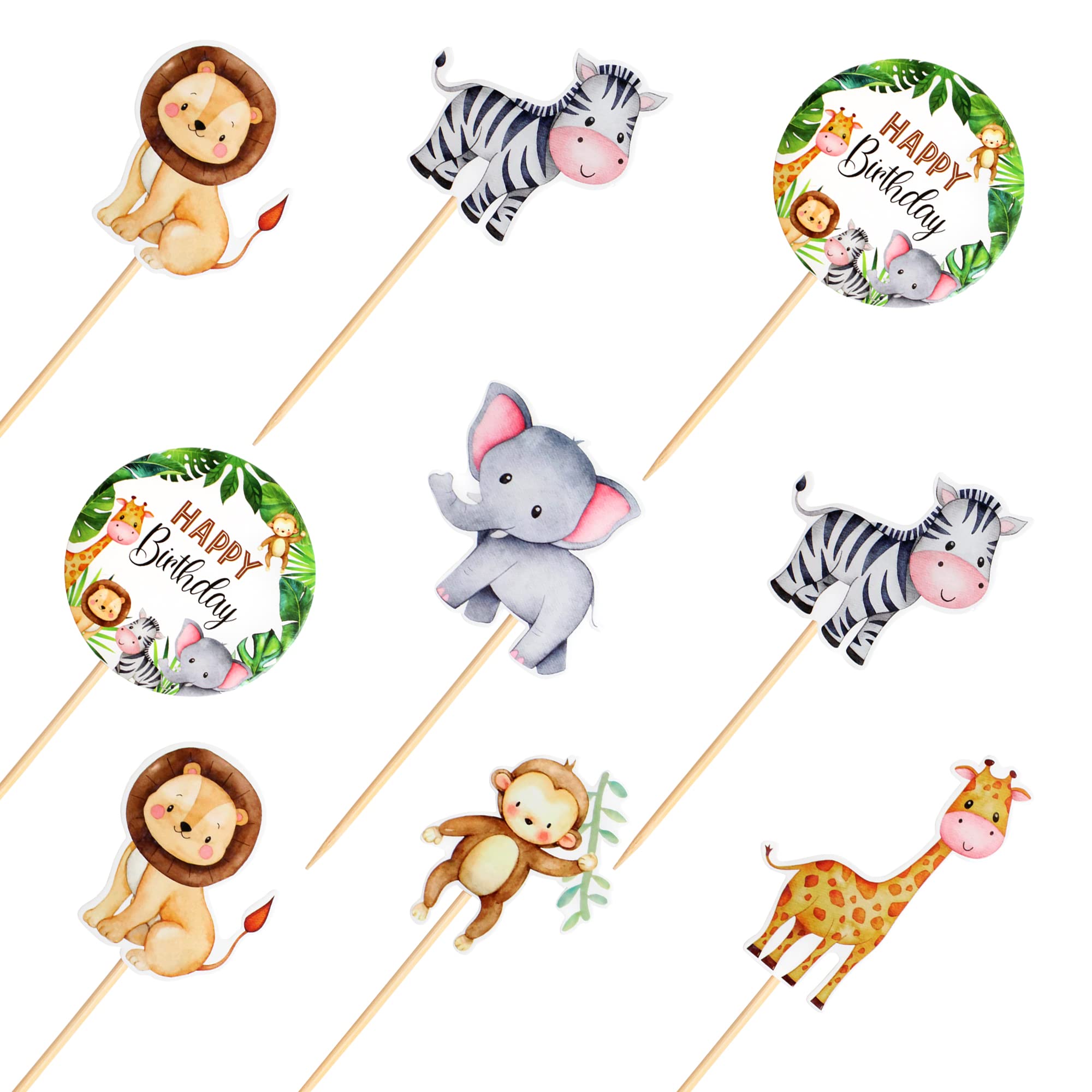 24 Stück Jungle Safari Animal Cupcake Toppers Happy Birthday Cake Decor für Kinder Wild Jungle Animal Theme Birthday Party Supplies Feiern Party Events Baby Shower