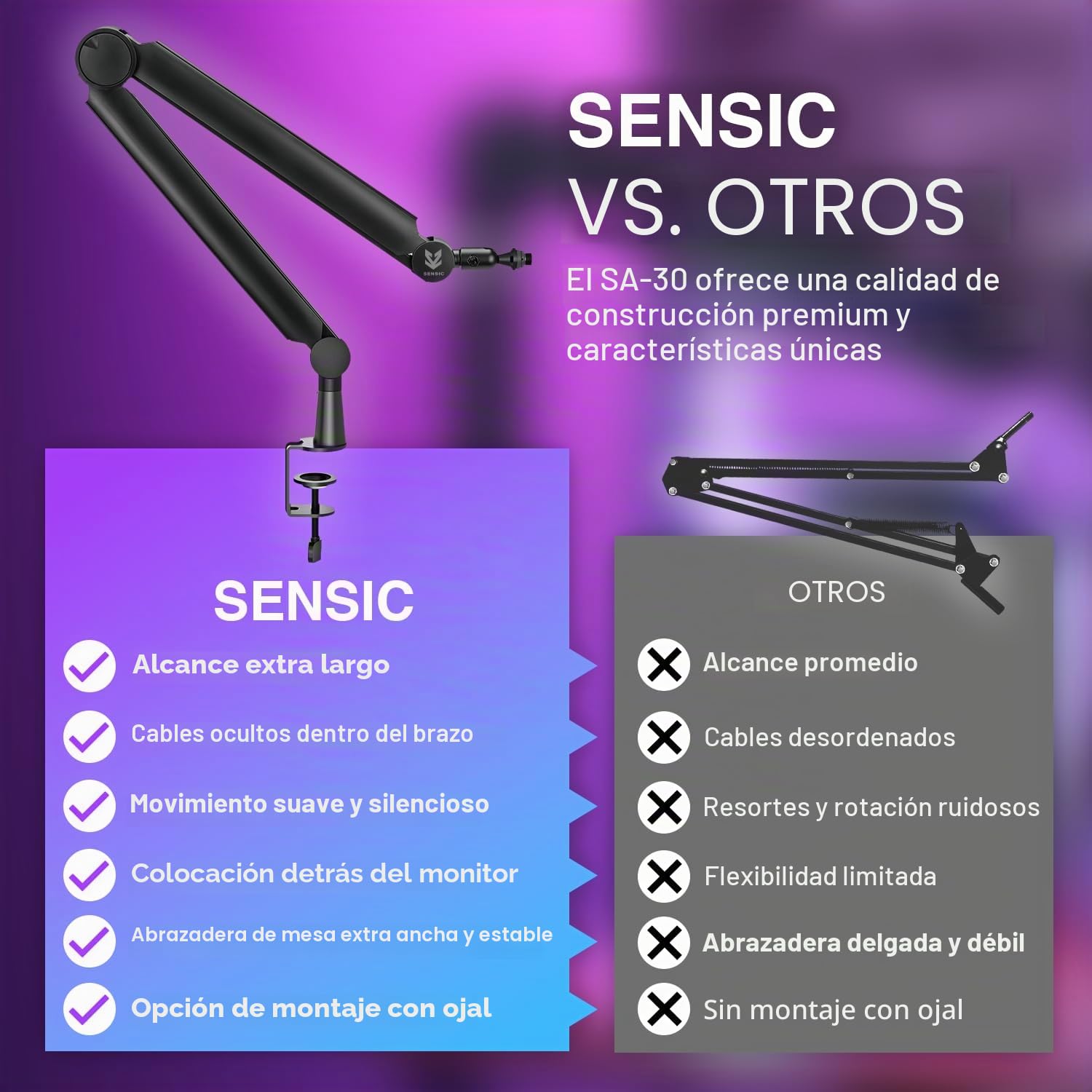 Sensic Brazo de micrófono SA-30, soporte de micrófono giratorio de 360° con elevador de 6 pulgadas, soporte de micrófono con adaptadores de 1/4", 3/8" y 5/8", brazo de micrófono profesional con