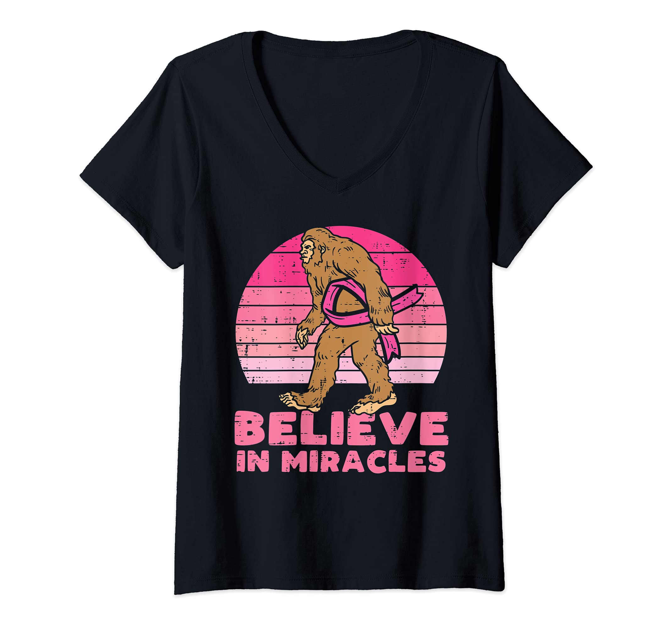 Womens Bigfoot Sasquatch Believe Miracles Breast Cancer Awareness V-Neck T-Shirt