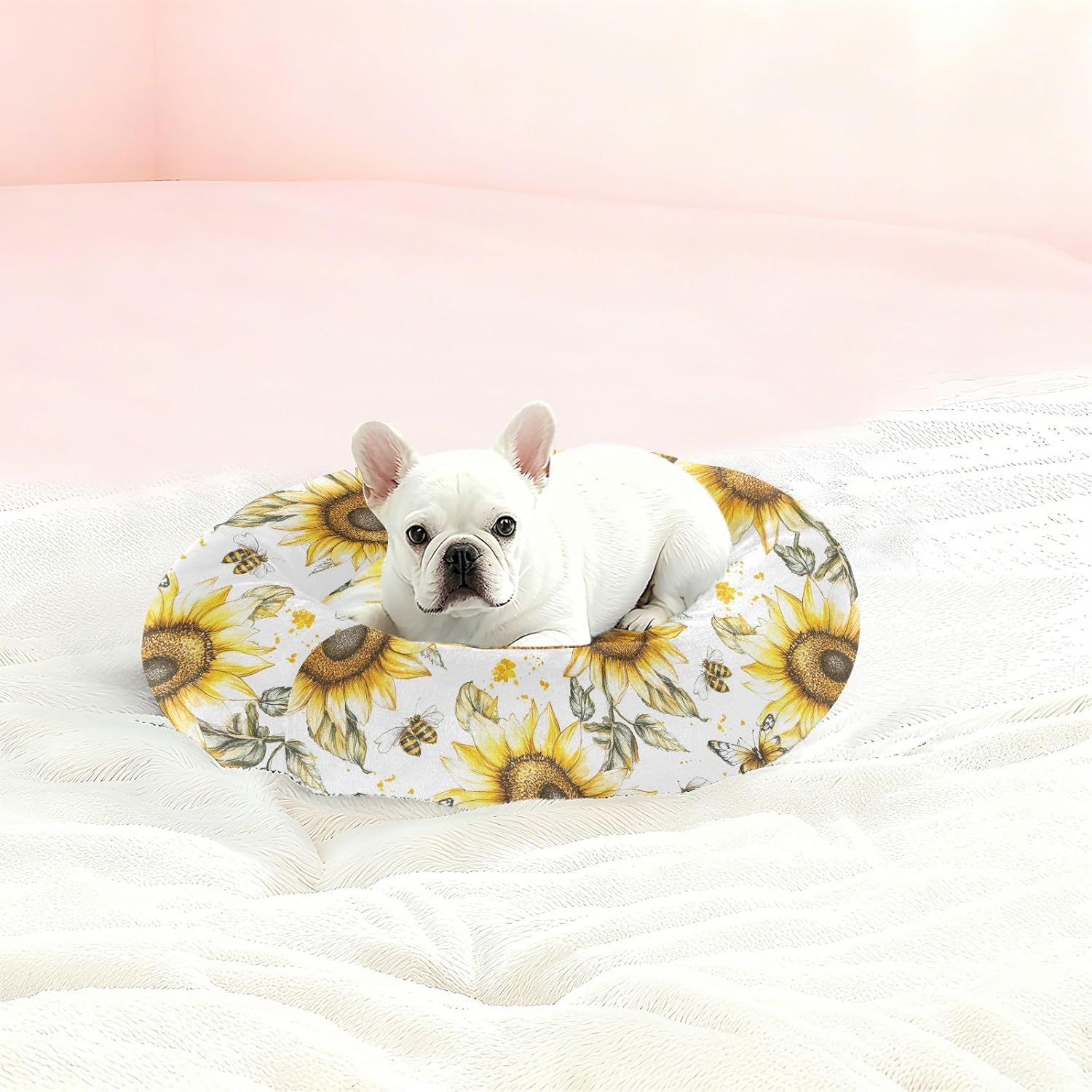 Pet Dog Beds Calming Anti Anxiety Fluffy Cat Pillow Bed for Medium Size Pets Supplies M Unique Sunflower White