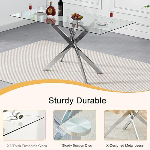 Miniatura 4 de SSLine Juego de mesa de comedor de cristal moderno para 6, 7 piezas, juego de comedor de cocina rectangular, mesa de vidrio templado de 51 pulgadas