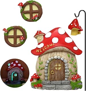 Fairy Door and Windows for Trees - Mushroom Garden House Set Outdoor Decor, Miniature Garden Statues and Yard Art Accessories for Kids Room, Glowing in The Dark, Red