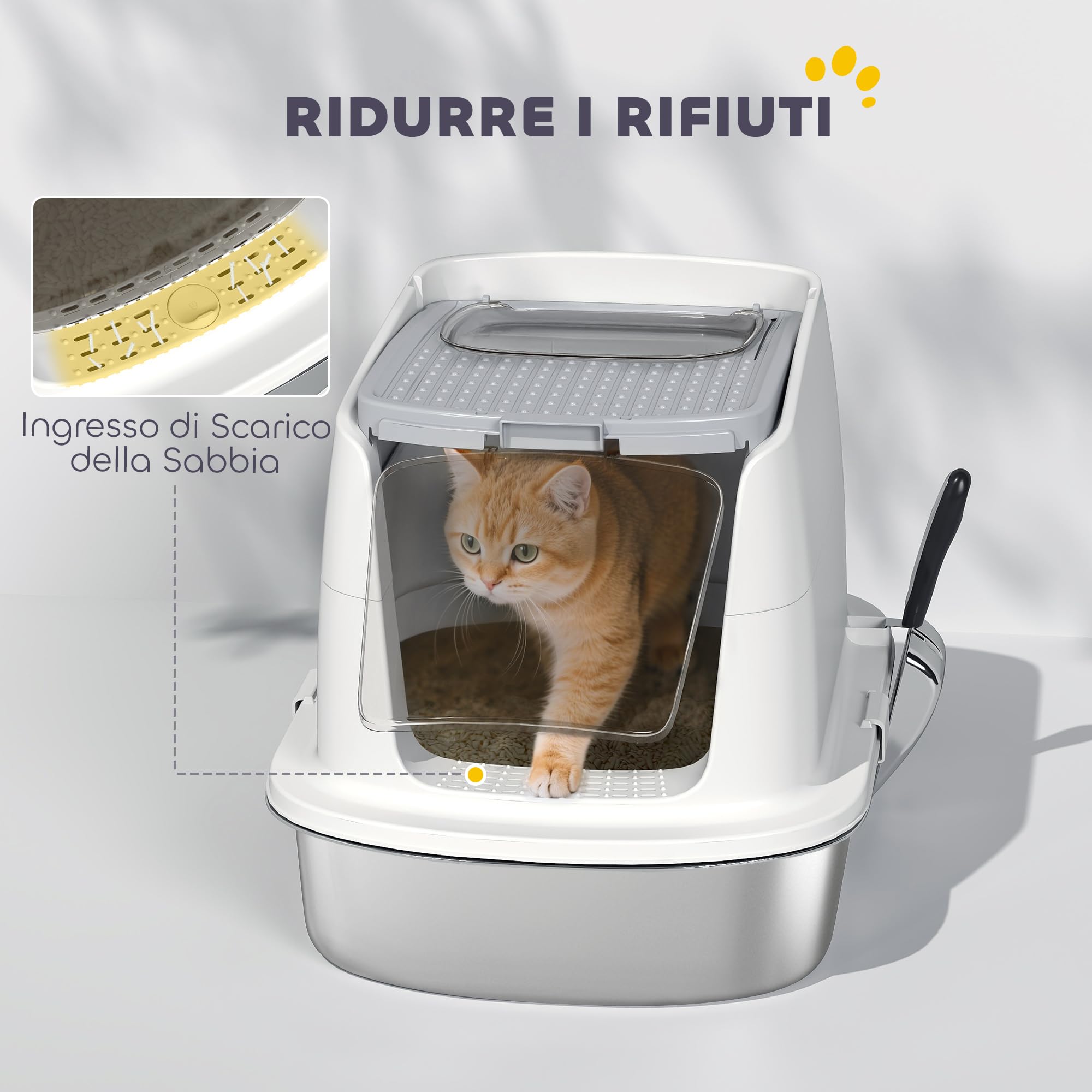 PawHut Lettiera per Gatti Chiusa a 2 Ingressi con Deodorante e Paletta, Lettiera per Gattini in Acciaio Inox, ABS e PP, 52.4x41.3x39.8 cm, Bianco