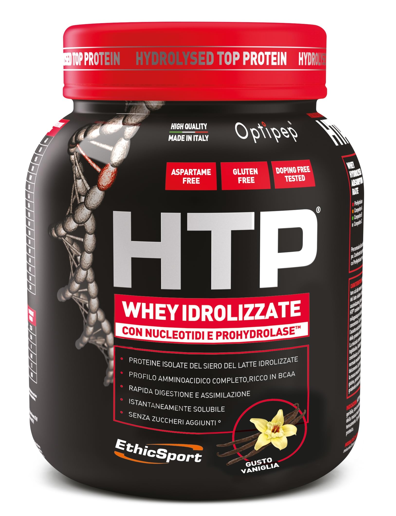 EthicSport HTP – Proteine isolate e idrolizzate Optipep con ProHydrolase e nucleotidi – Supporto alla massa muscolare – 750 g - doping free tested* - Gusto Vaniglia