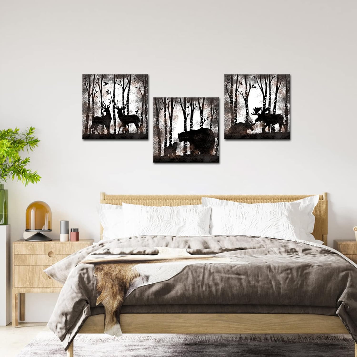 RnnJoile Rustic Wall Decor Cabin Pictures Wall Art Deer Moose Bear Wildlife Canvas Paintings for Home Woodland Cabin Decor Framed 12x12 Inch each