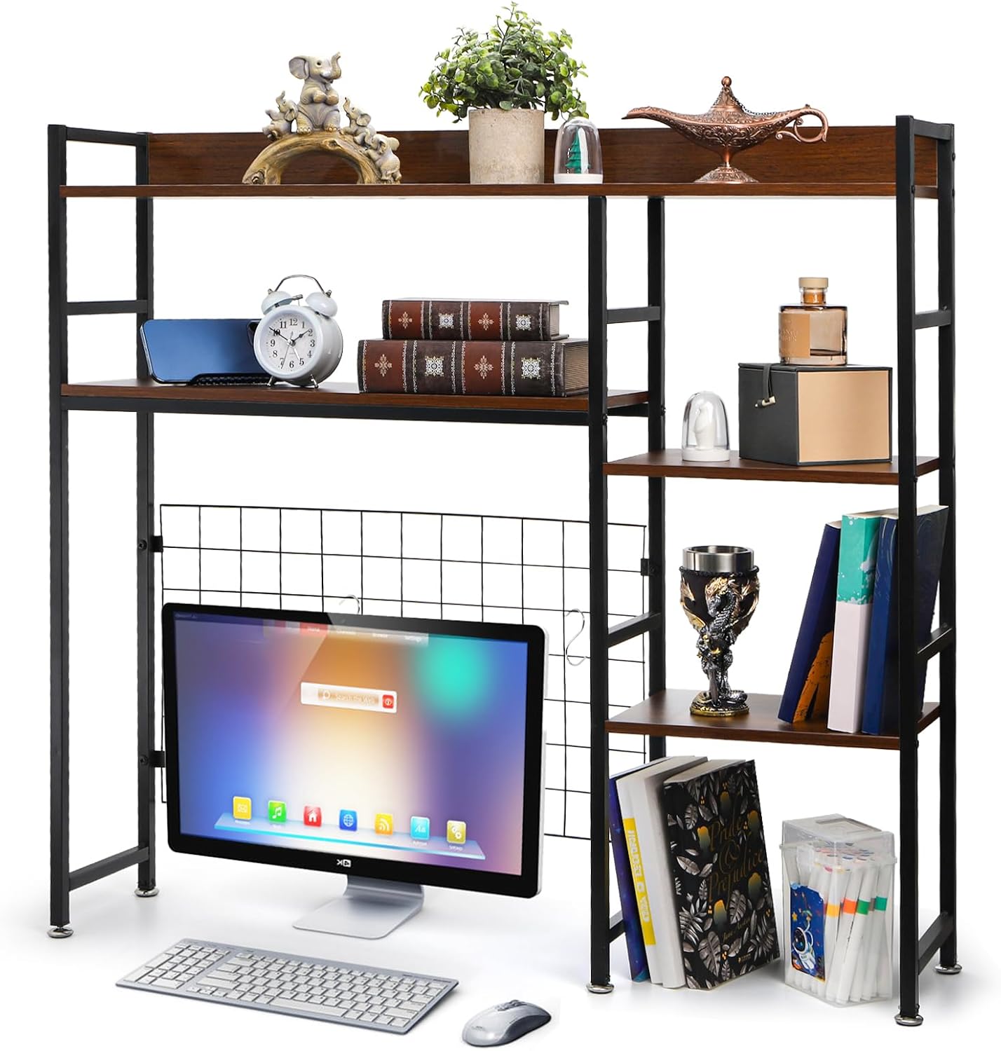 37" Desk Shelf, Adjustable Desktop Hutch for Computer Monitor, 3 Tier Wood Bookshelf Display Rack with Anti-Slip Pads, Table Storage Organizer for Dorm Home Office
