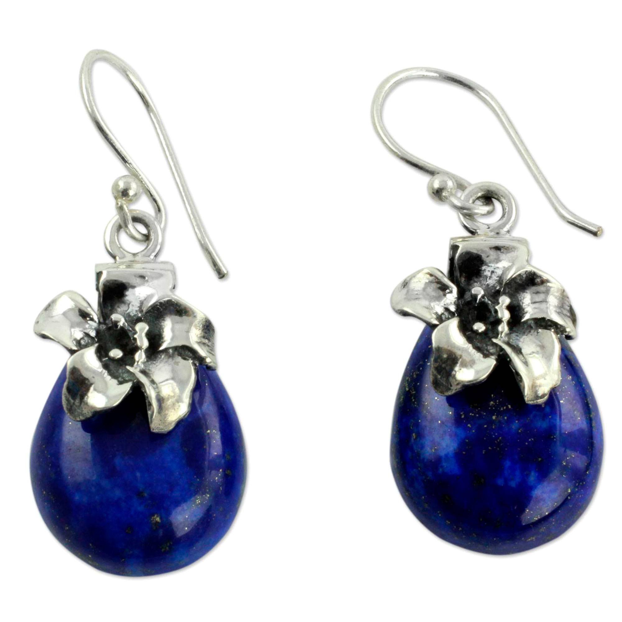 NOVICA Handmade Lapis Lazuli Pendant | Handcrafted Crystal Dangle | .925 Sterling Silver Floral | Crafted by Hand Artisan Pendant Earrings | Royal Blue Reflecting