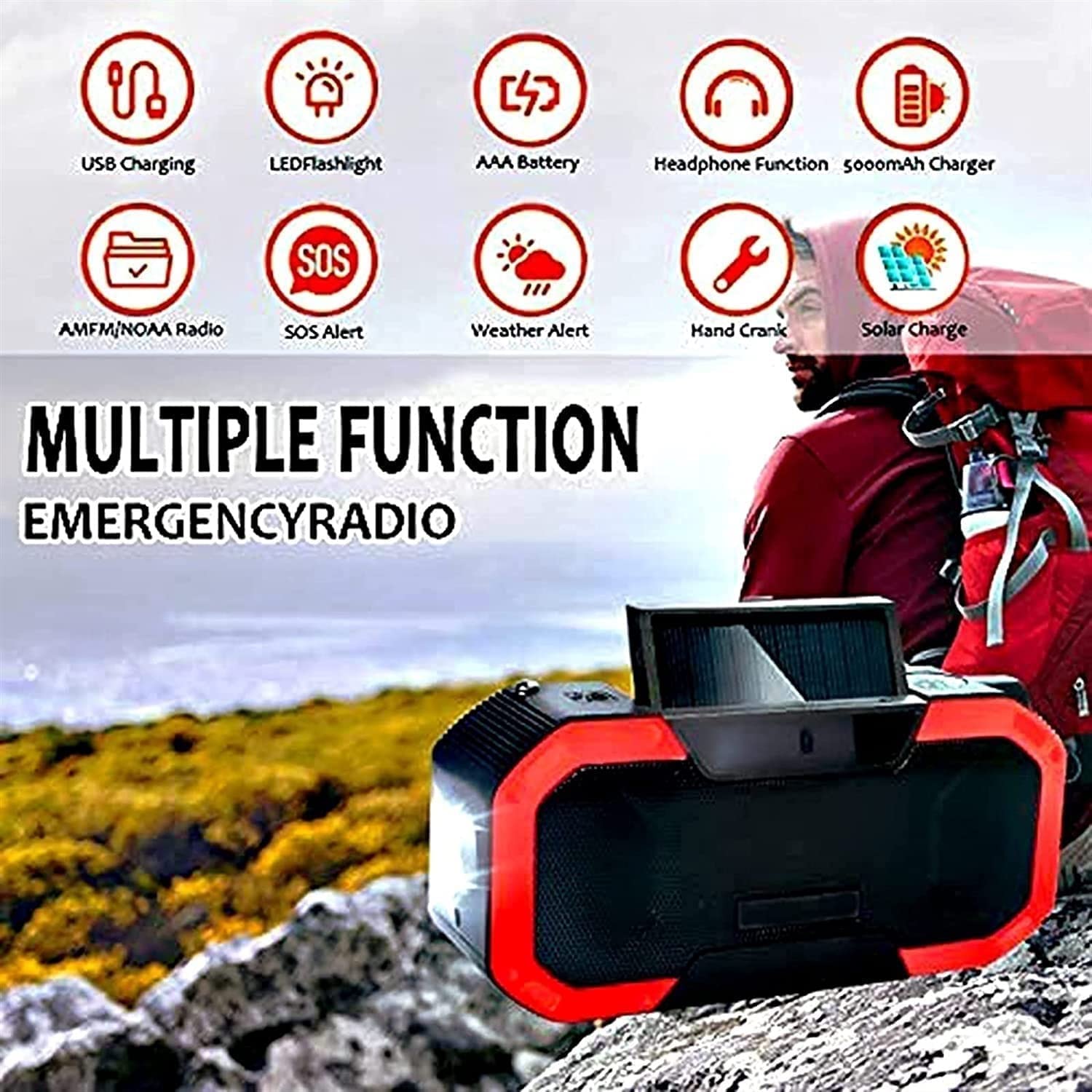 Radio à manivelle Portable multifonctionnelle, Radio d'urgence, Radio météo, Radio Portable AM/FM, Alimentation Solaire, Charge de téléphone Portable USB, Lampe de Poche LED, SOS