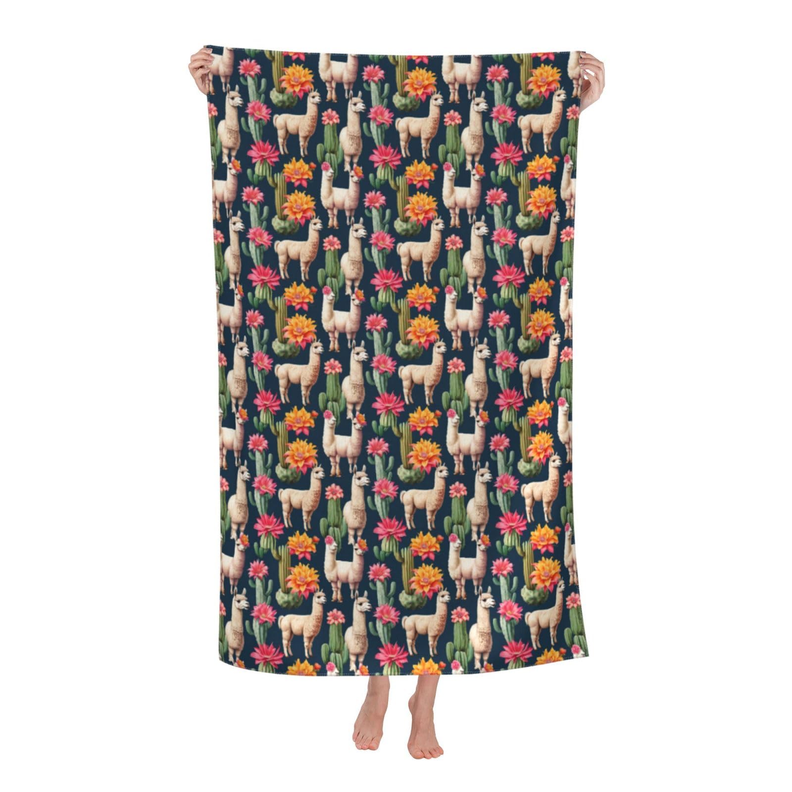 pojknbv Llama Alpaca Cactus Flower Print Oversized Adult Beach Towel Quick-Dry Comfortable Lightweight Travel Pool Camping