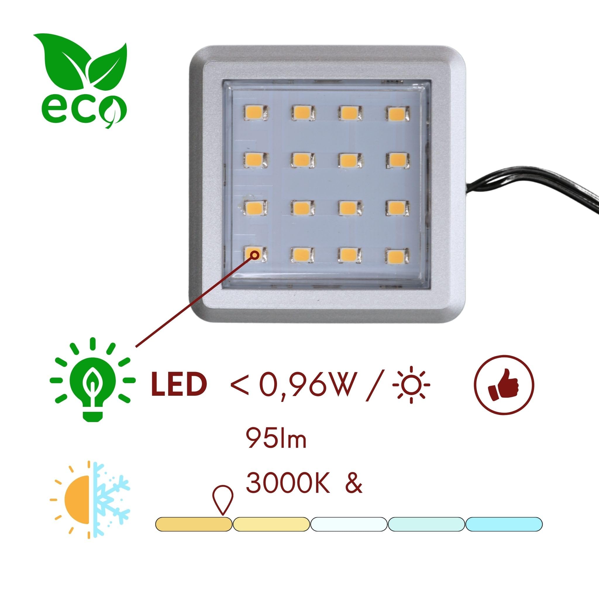 kalb | LED Vitrinenleuchte Quina, 3000K, 12V, mit Fußschalter, 1-10er Set, silber matt, quadratisch, 53mm, mit Erweiterung dimmbar (10er Set)