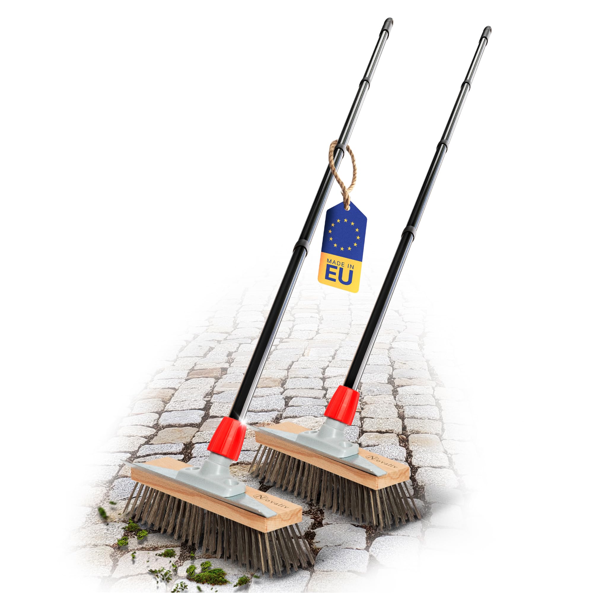 Novaliv 2 robuste spazzole in acciaio con manico in acciaio con manico in 4 pezzi, efficace rimozione del muschio, scopa per pavimentazione e giardino, scopa in acciaio, raschietto per muschio, scopa