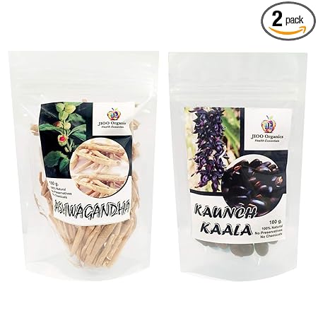 Jioo Organics 100% Natural Premium?Ashwagandha Roots | Sticks And Kaunch Black Seeds | Kaunch k Beej | 100g Each