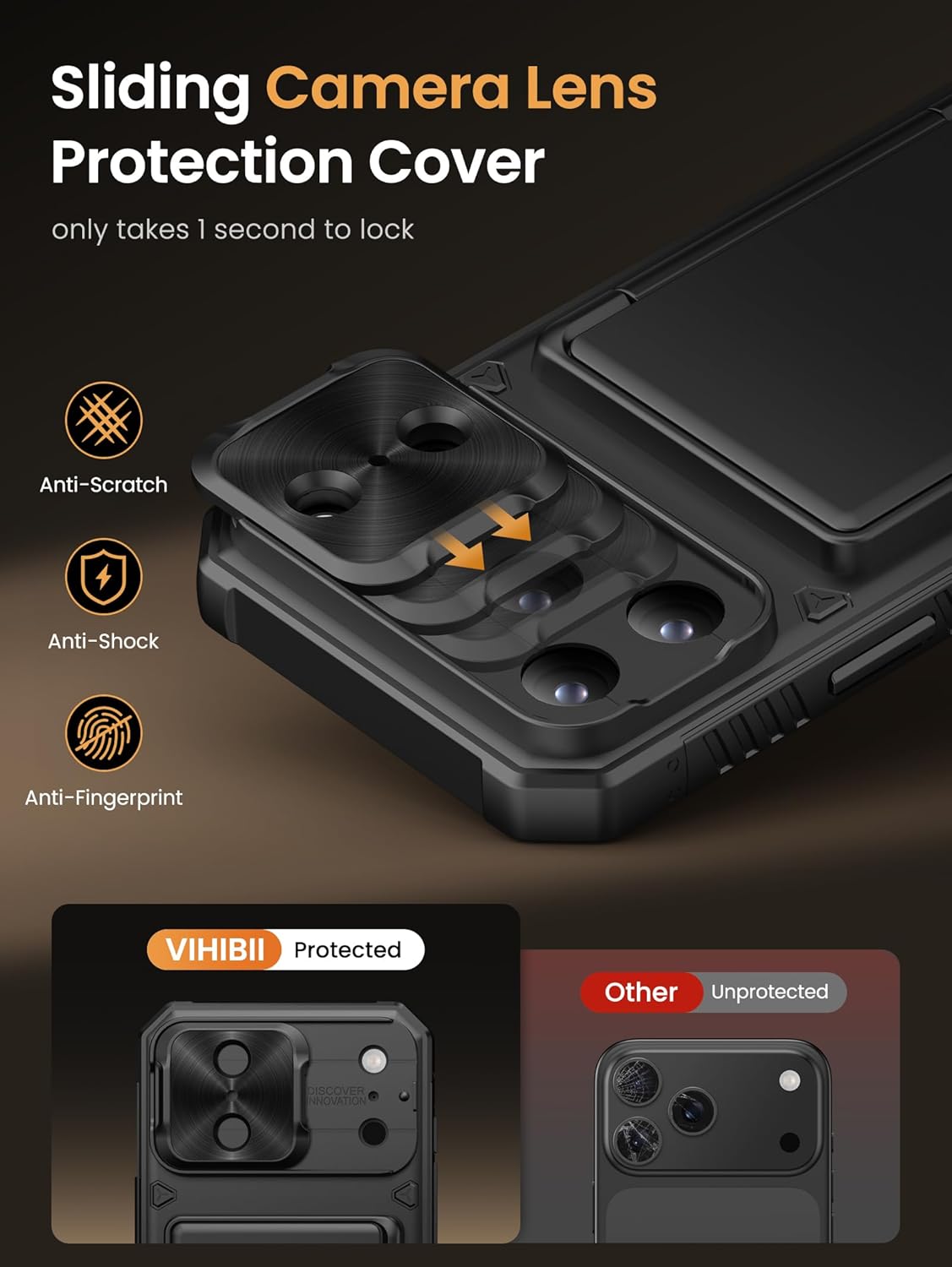 Vihibii for iPhone 17 Pro Max Case with Card Holder (4 Cards) [RFID Blocking] & Slide Camera Cover, Military Grade Drop Protection, Rugged Hard Back & Silicone Edge Wallet Phone Case 6.9" 2025, Black - Image 4