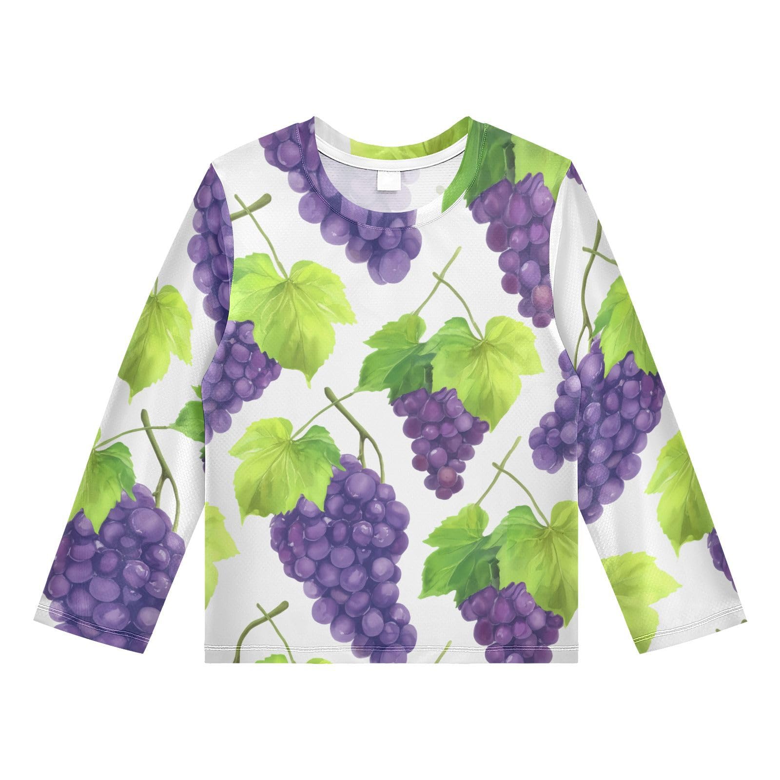 DOMIKING Grape Leaves White Boys Long Sleeve Rashguard Shirt Kids Quick Dry Swim Shirt for Swimming Pool Beach 9-10T