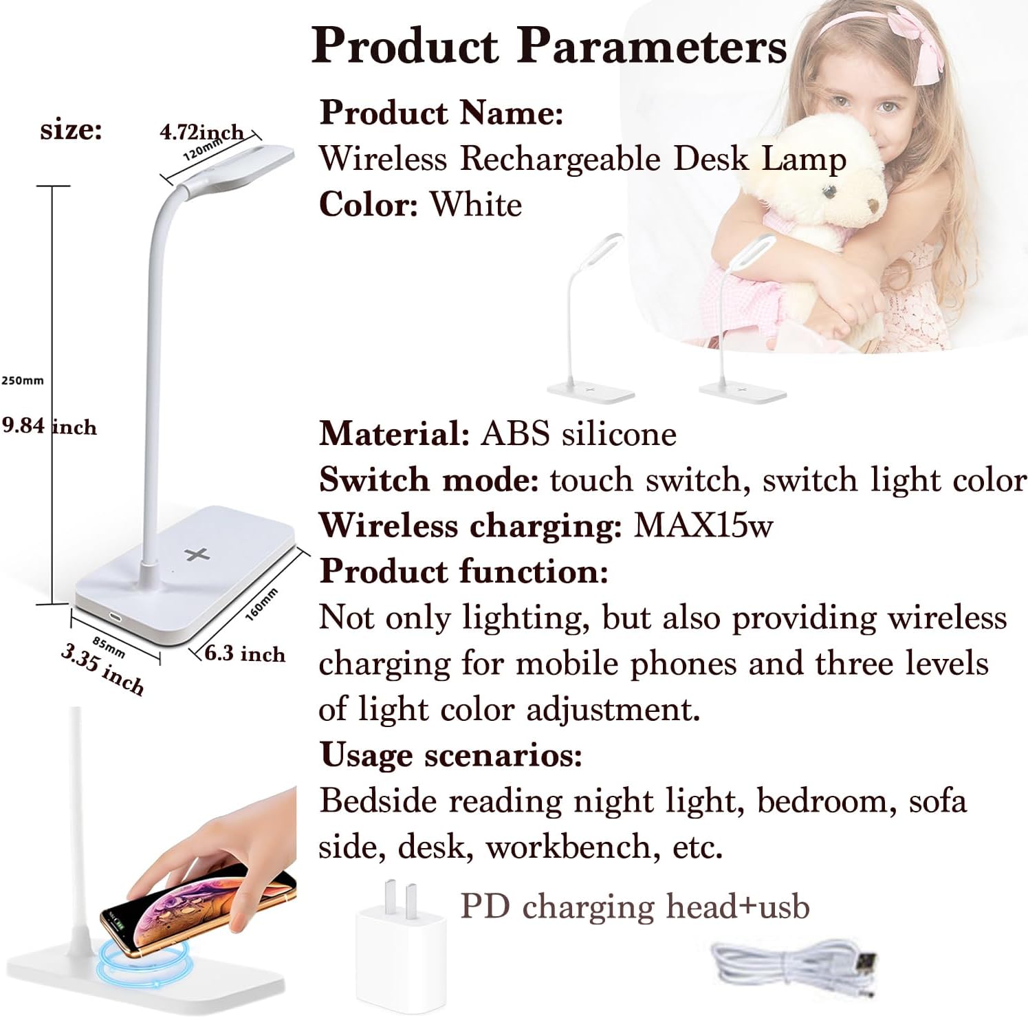 LED Soft Touch Desk Lamp - 3 Brightness Settings with Energy Efficient Natural Daylight LEDs - Adjustable Flexible Neck & Touch Controls (White with adapters ×2)
