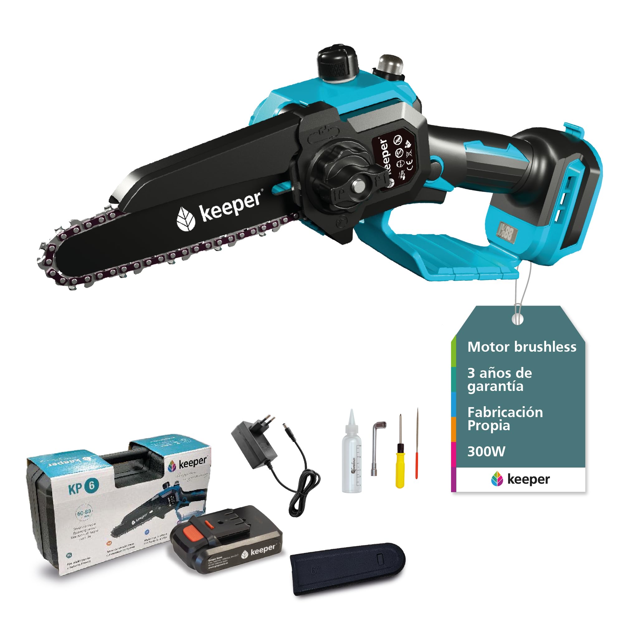 KEEPER Mini Motosierra Batería de Poda KP6. 18V, 6 pulgadas,300W. Recargable. Motosierra Eléctrica Bateria Inalámbrica. Corte de madera de Ø 80. Poda Arboles Frutales. Incluye Maletín y Batería