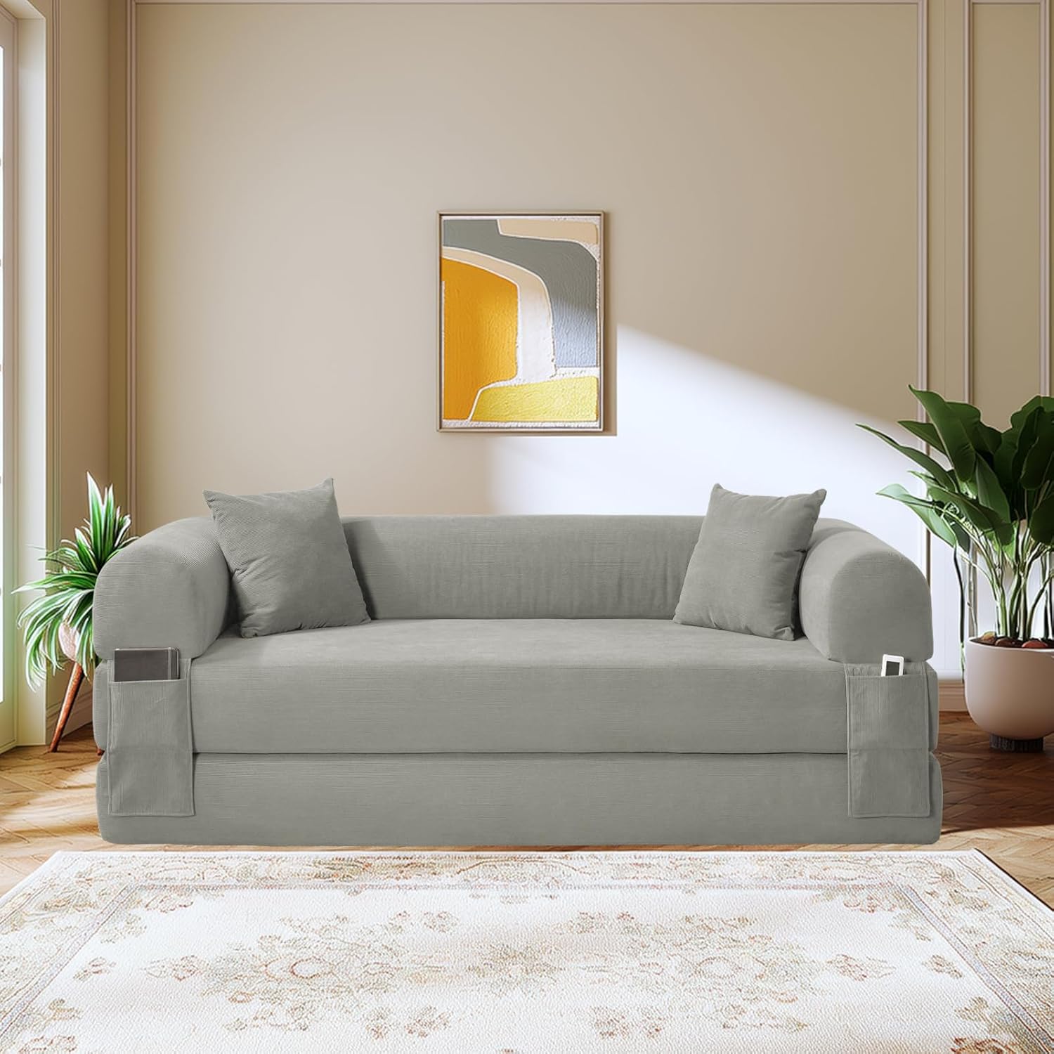 80 Inch Convertible Sofa Bed,Folding Pull Out Couch with Pillows & Storage Pocket,Corduroy Queen Sleeper Sofa in a Box,No Assembly Boneless Couch for Living Room,Light Gray