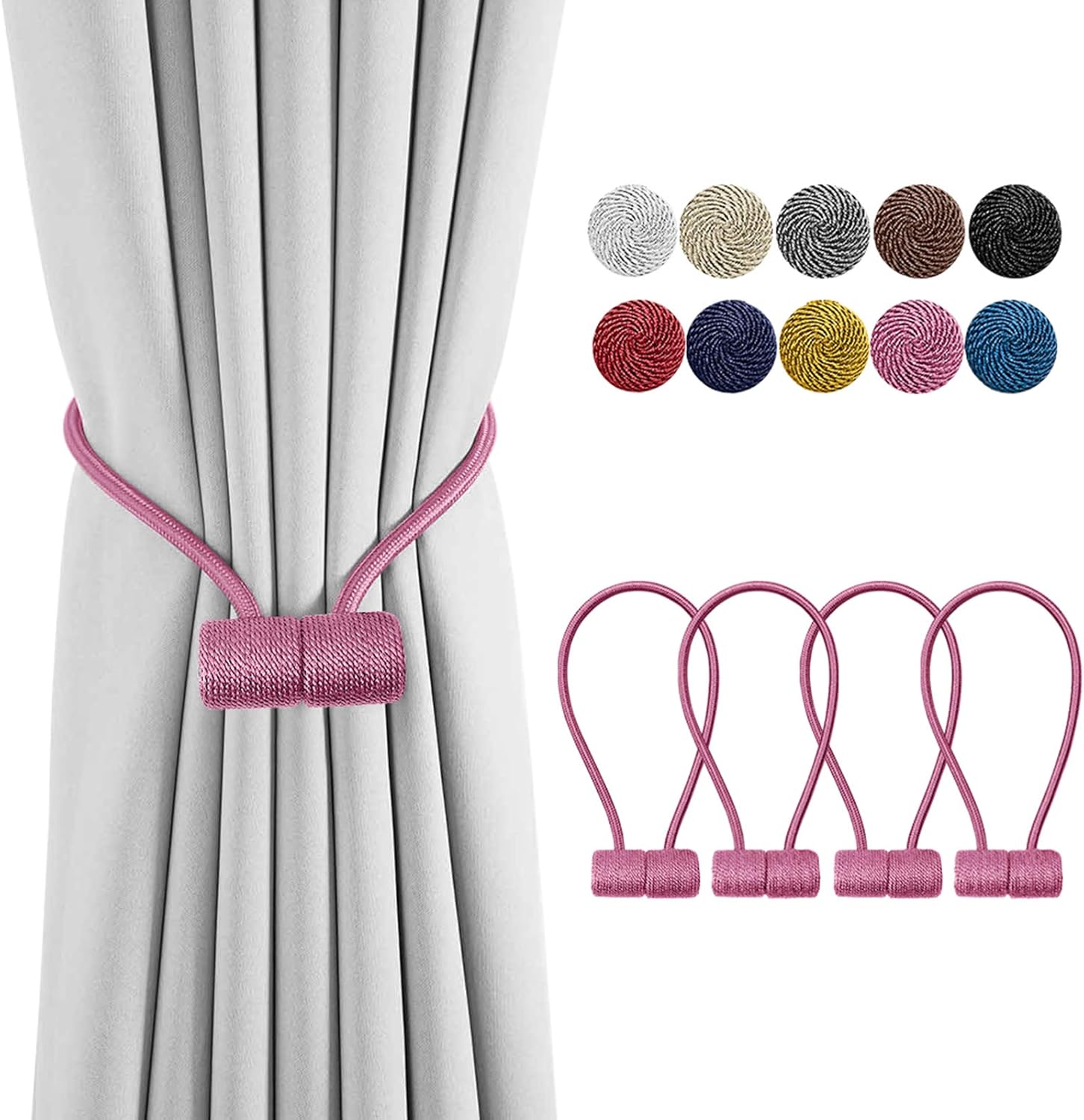 Remunkia Magnetic Curtain Holdbacks Drapery Tiebacks: 4Pack 16 Inch Tie Backs Holdback for Blackout Sheer Window Treatment, Pink, Upgrade: Home & Kitchen