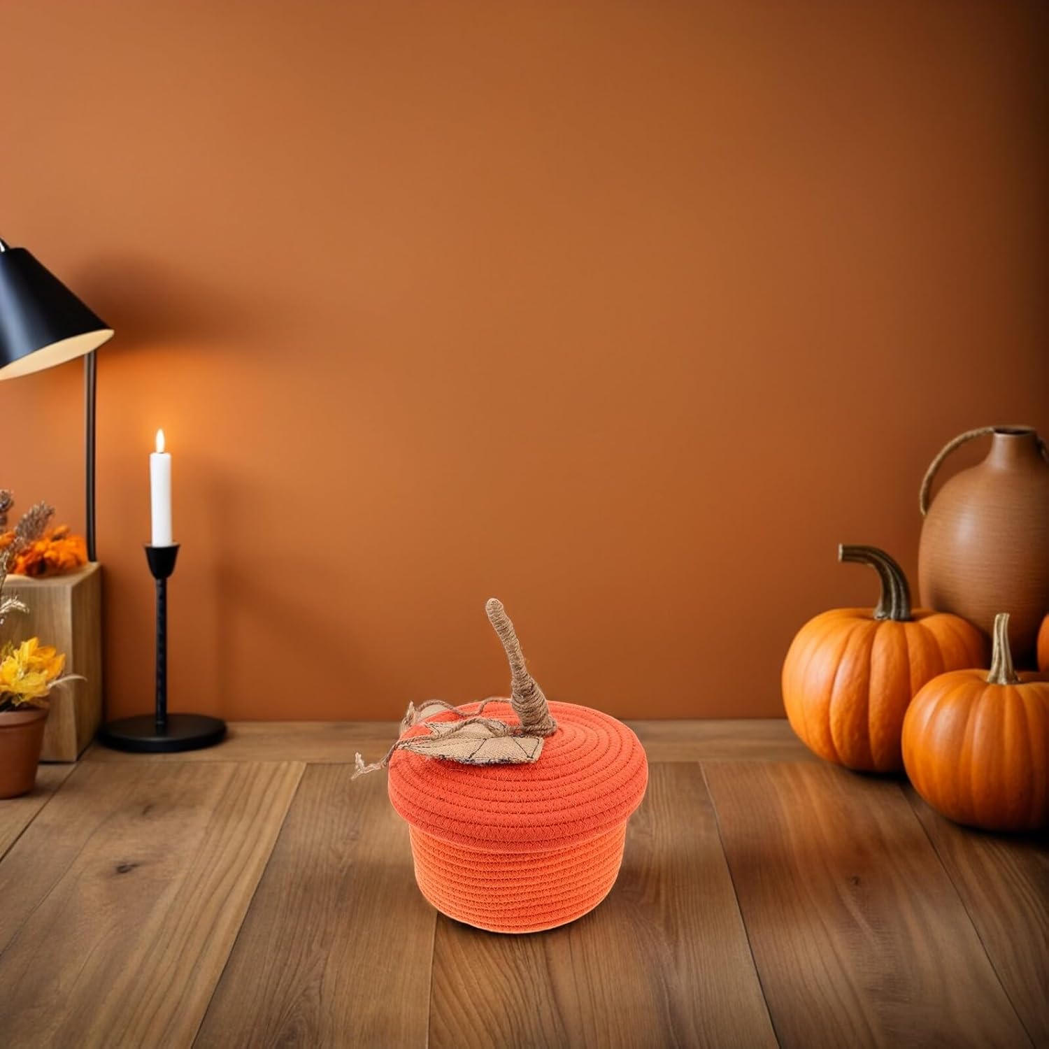 Pumpkin Cotton Rope Storage Basket Small Handmade Woven Desktop Organizer with Lid for Snacks Cosmetics Sundries Seasonal Home Decor