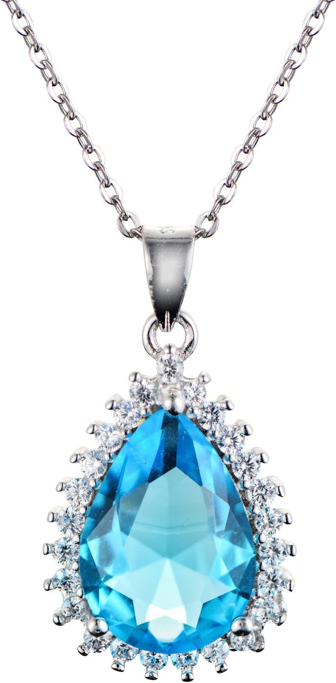 Women Pendant Necklace Ocean Blue Teardrop Crystal with CZ Stone 925 Sterling Silver Chain 18" by JFUME