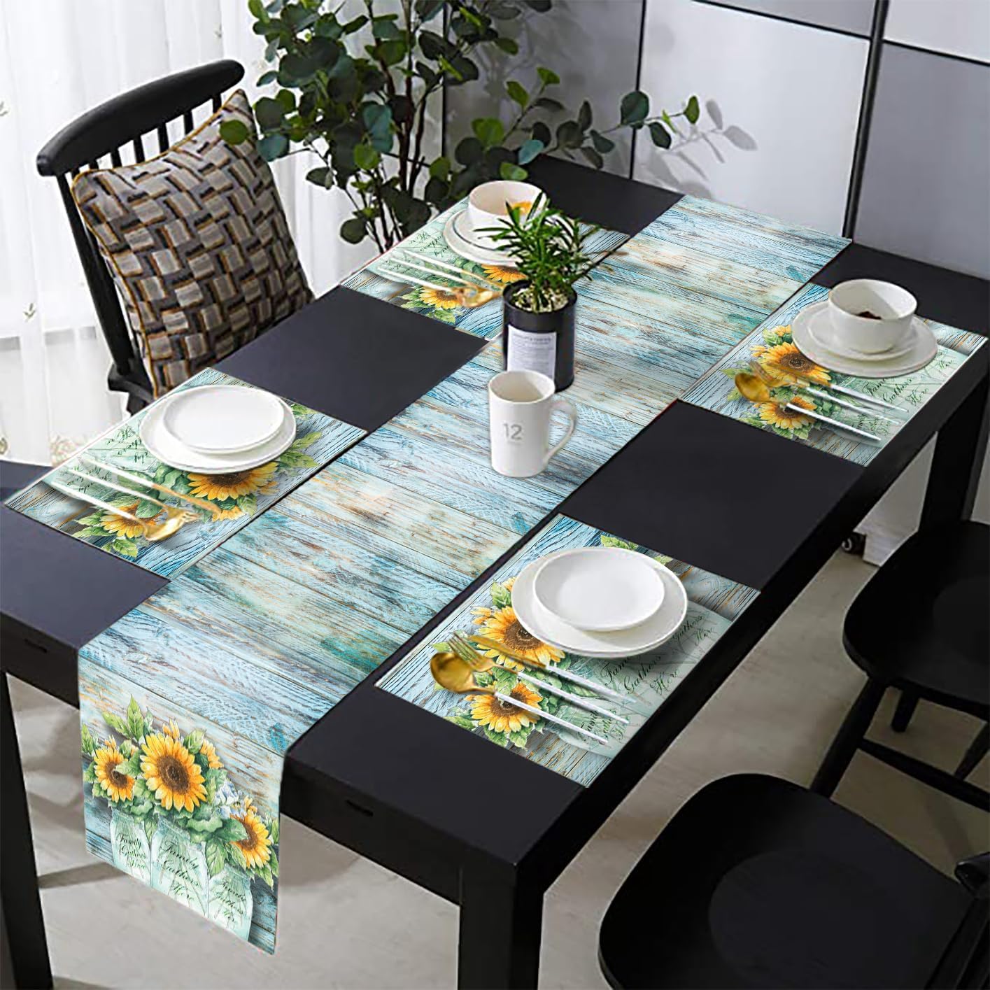 Rustic Sunflower Table Runner and Place Mats Set of 6 – Farmhouse Wooden Texture with Blue Floral Design – Washable Linen Dining Mat Set for Kitchen and Home Décor – 90 Inches Long