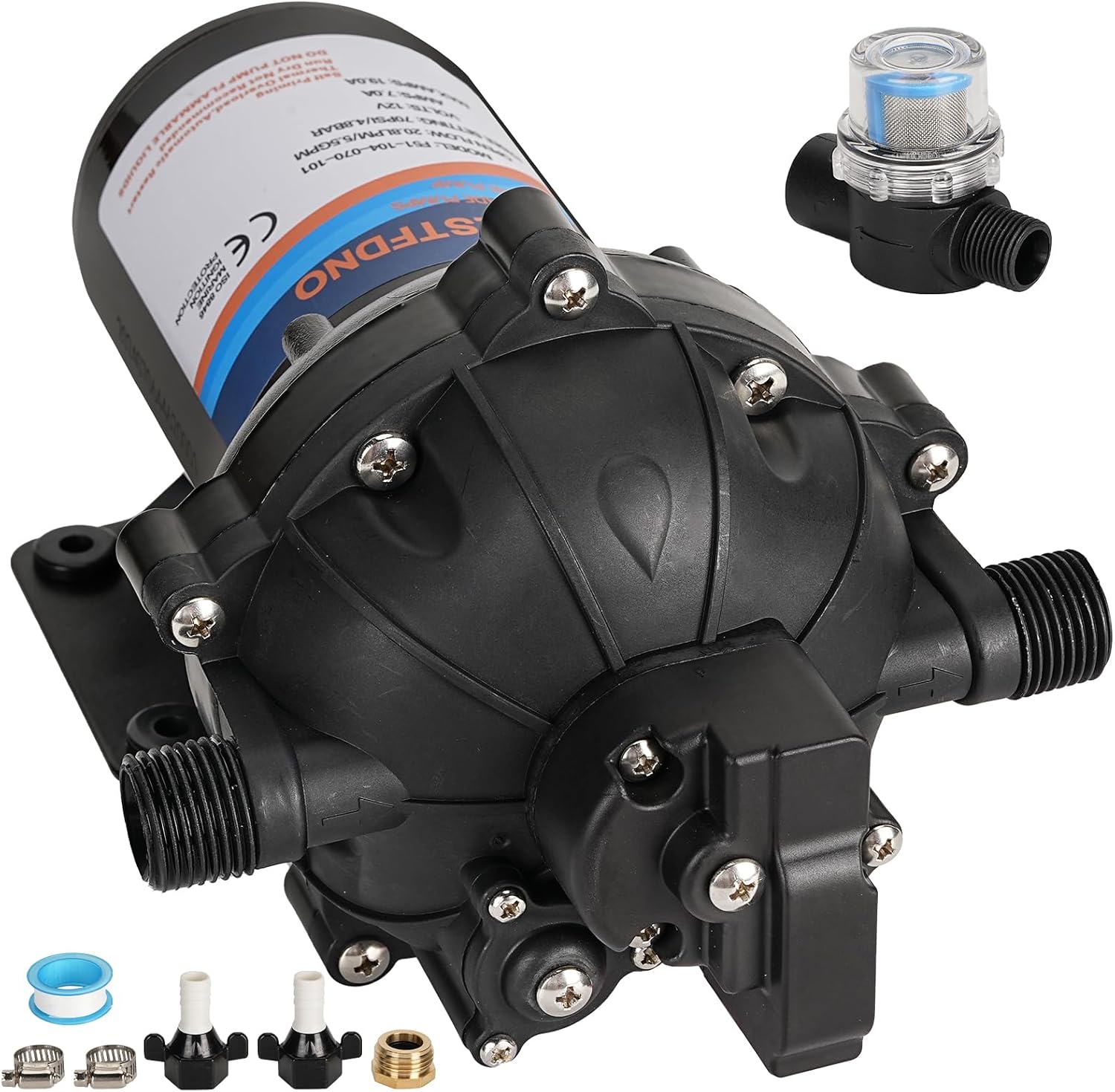 RV Fresh Water Pump, 5.5GPM 70PSI 12V DC Water Pump, Five Chamber Self-Priming Diaphragm Water Pump, with Heavy Duty Pressure Switch and Strainer for RV, Caravan, Marine, Yacht, Camping 12V Water Pump