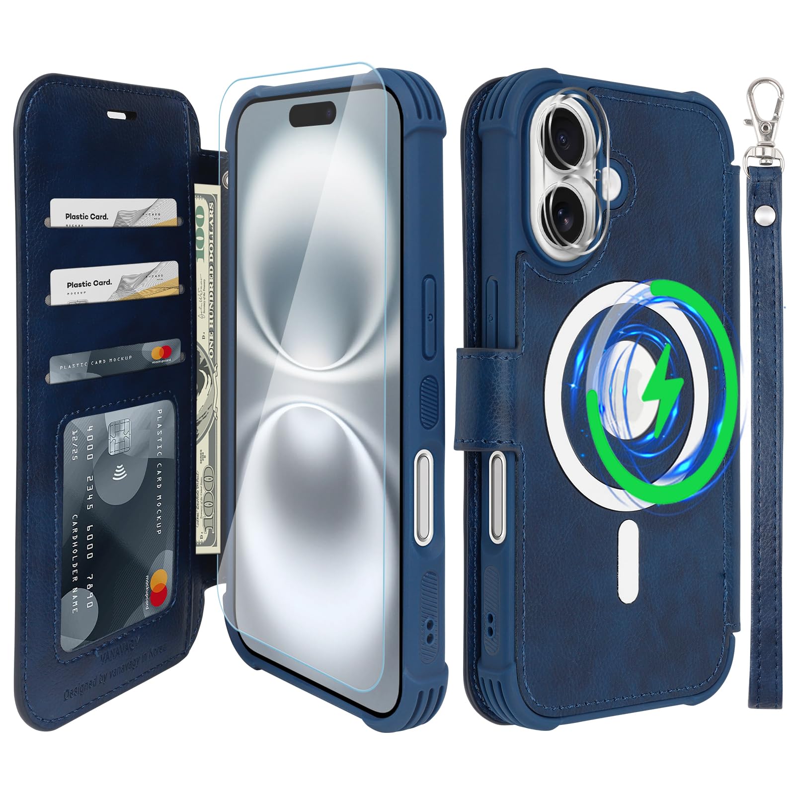 VANAVAGY Compatible for iPhone 16 Plus Wallet Case for Magsafe Wireless Charging, PU Leather Flip Case Wrist Strap [Screen Protector & Camera Lens
