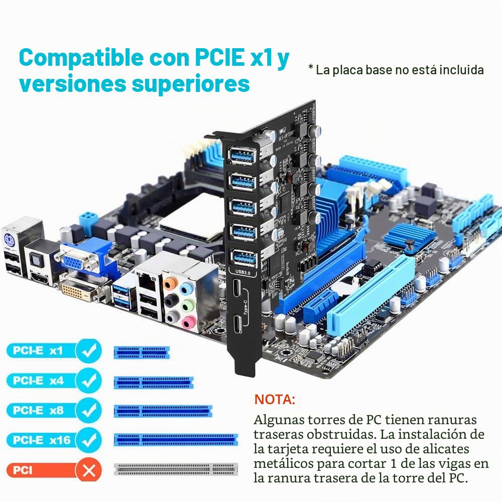 Tarjeta de Expansión 7 Puertos (2X Tipo-C, 5X Tipo-A) PCIe USB 3.0 (USB 3.2 Gen 1) 5 Gbps para PC de Sobremesa Compatible con Windows Mac