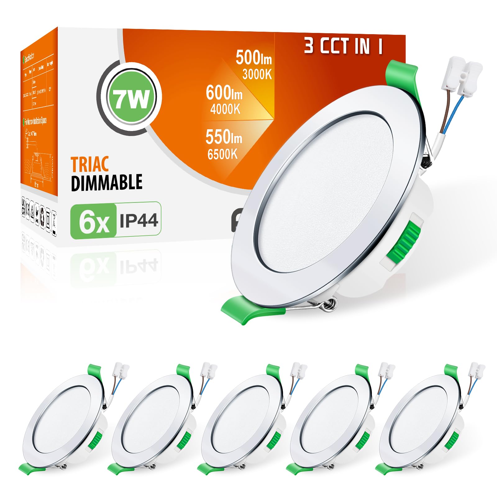 ALUSSO Einbaustrahler LED Spots 230V Dimmbar Deckenspots 68mm Ultra Flach 7W IP44 Warmweiß Neutralweiß Kaltweiß Einbauleuchten für Badezimmer Wohnzimmer, Chrom, 6er Set