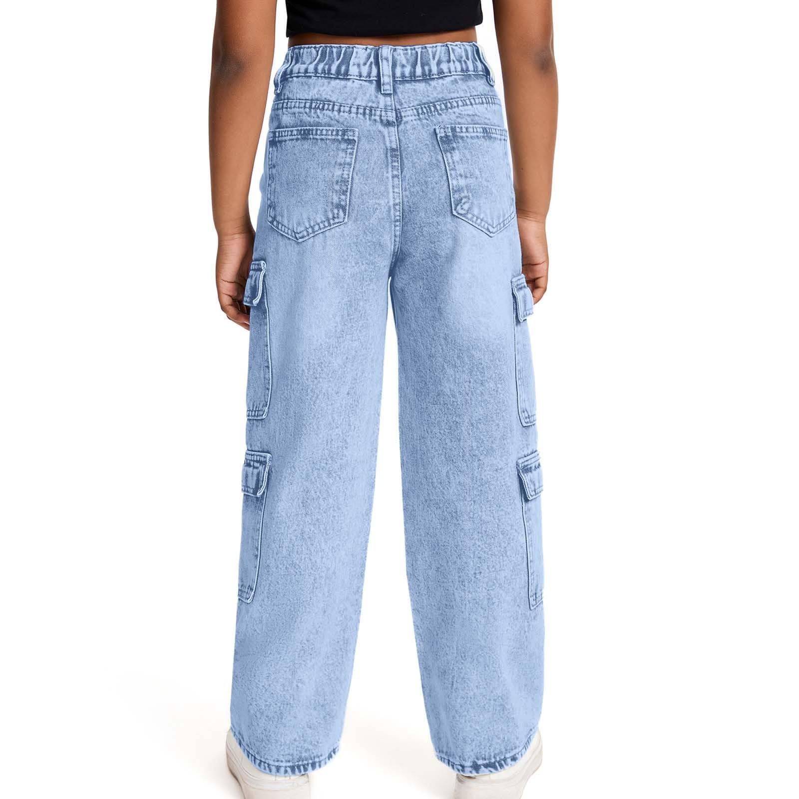 Jeans Larghi per Ragazze - Jeans Cargo per Ragazze Pantaloni in Denim Lavato Effetto Consumato con Tasche Multiple Pantaloni Estivi Comodi e Larghi per Bambine dai 6 ai 13 Anni