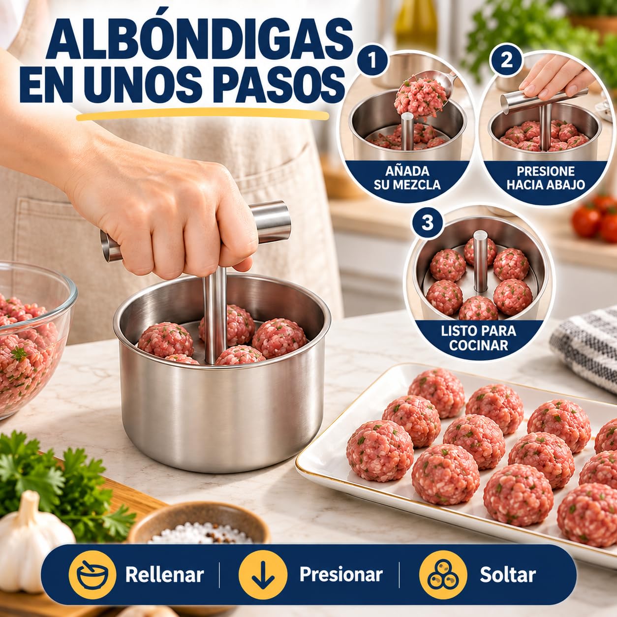 Molde para Albóndigas de Acero Inoxidable, Formador Manual para Carne，6 Grids