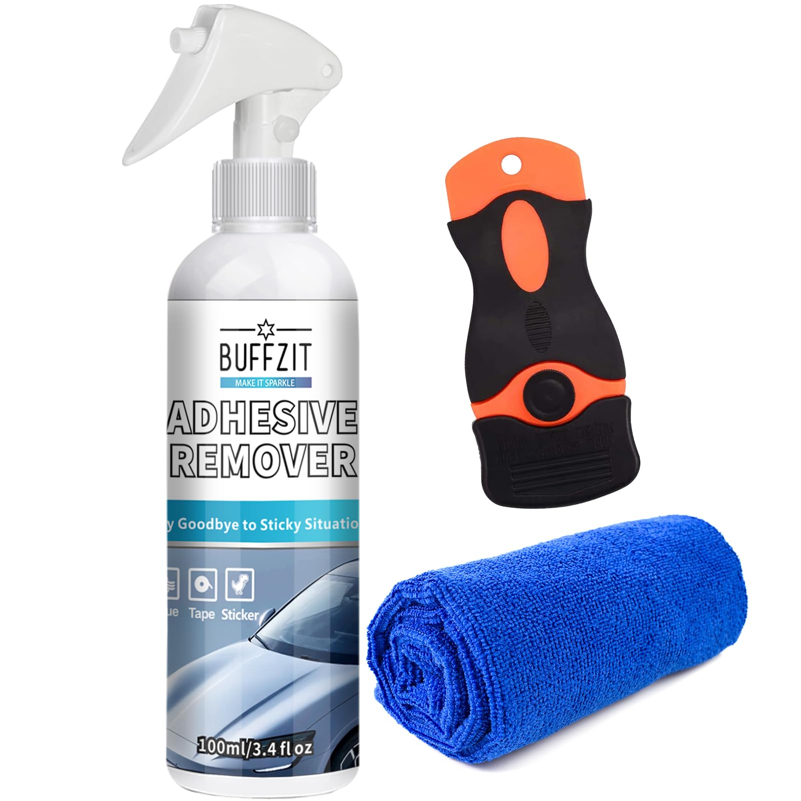 BUFFZIT Car Adhesive Remover - Glue Removal Spray for Decals, Stickers, Labels & Tape on Bumper Glass Paint Glue Gone with Plastic Scraper Tool – 100ml/3.4oz