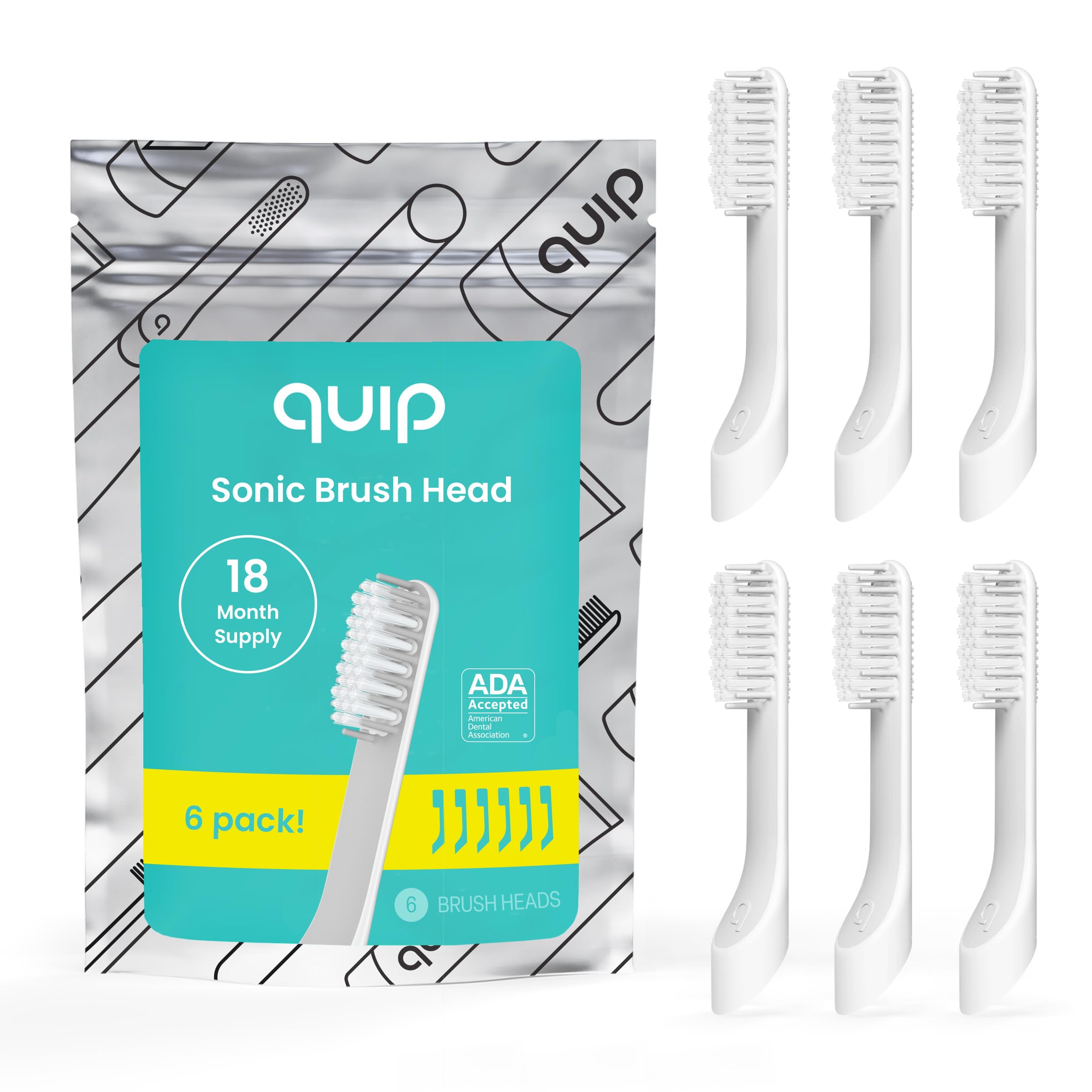 quip Schallzahnbürsten-Ersatzköpfe für Erwachsene – 6 Stück – verifizierte Quip Standard-Bürstenköpfe für elektrische Zahnbürsten – weiche Borsten, kompakt und flexibel – hält jeweils 3 Monate