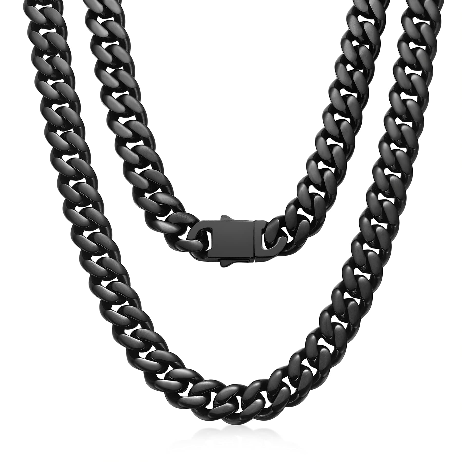 ROWIN&CO Mens 10mm Black Cuban Link Chain Stainless Steel Curb Necklace, Hip Hop Jewelry, Available in 18"-35", Miami Cuban Chains, Includes Gift Box.